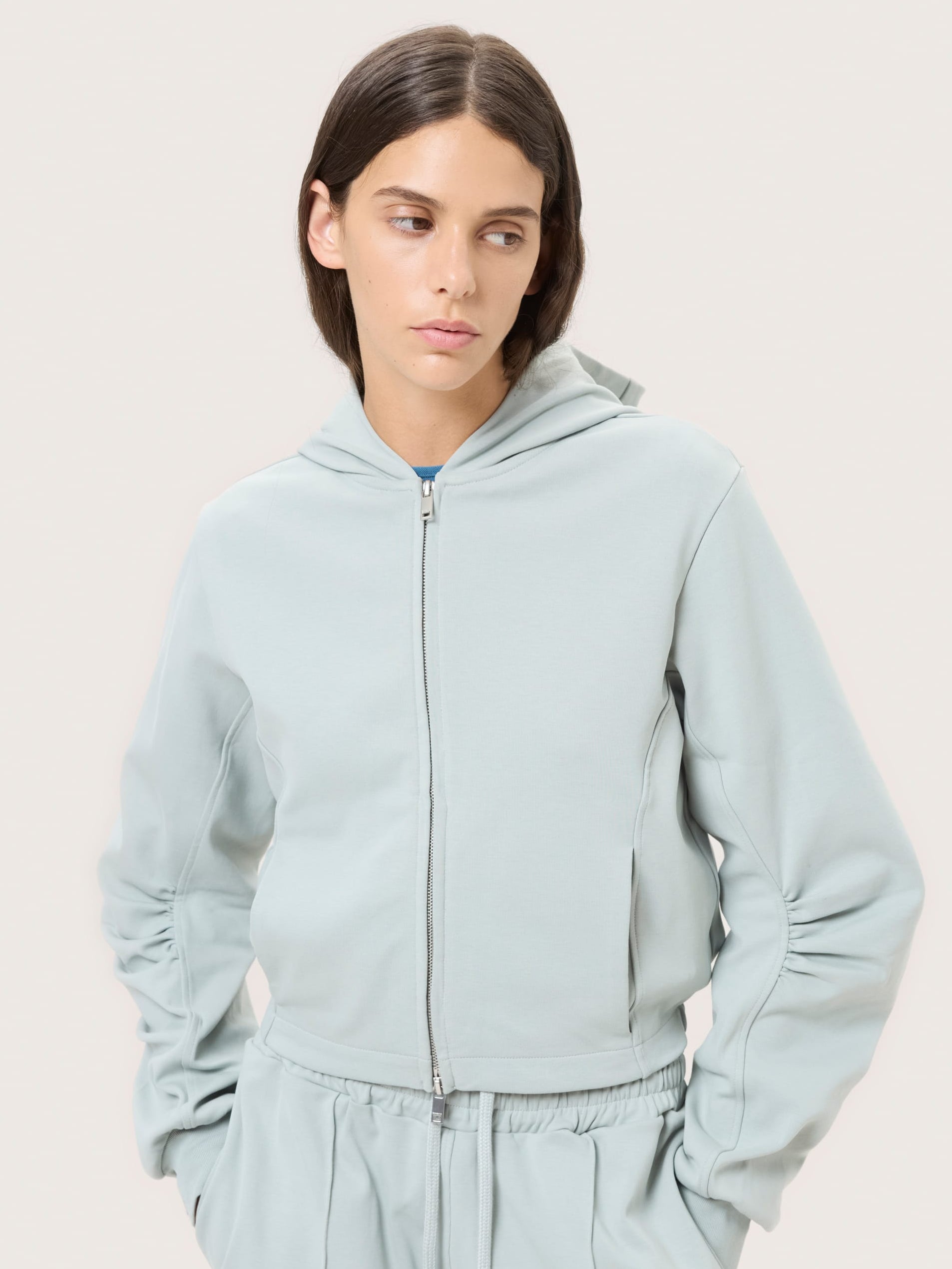 Womens Double Jersey Zip Up Hoodie—Silent Stone