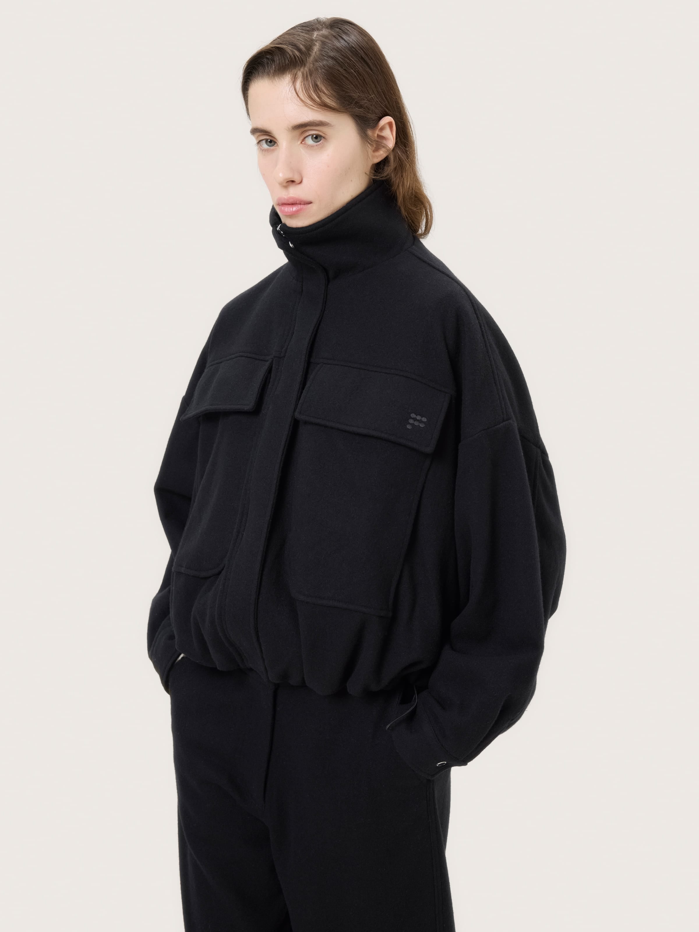 Womens Wool Jersey Zip Up Jacket—Black