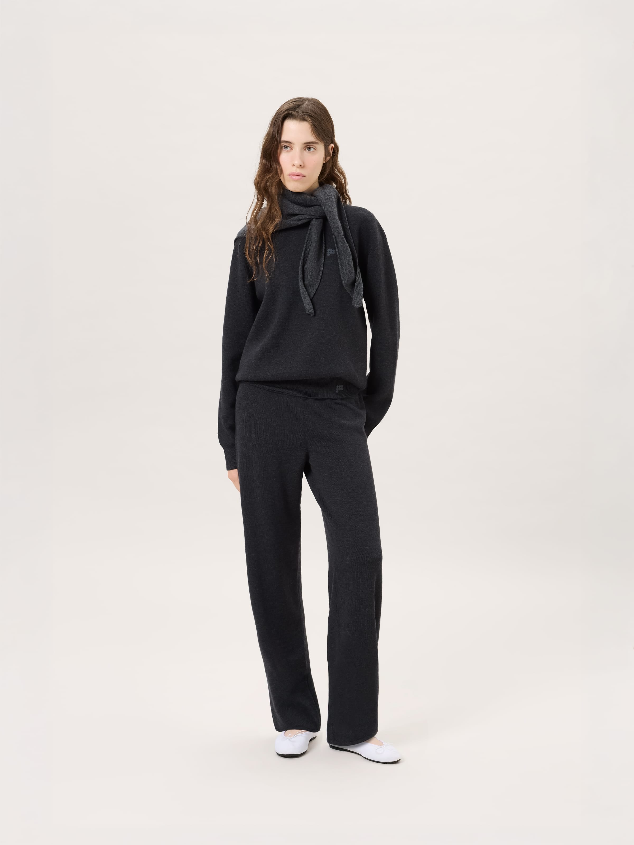 Womens Merino Wool Straight Leg Trousers—Smoked Black