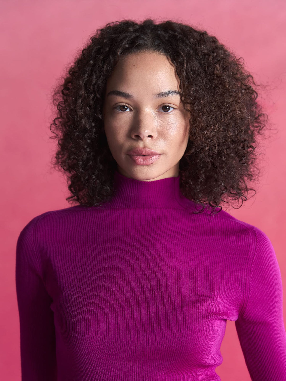 Womens Merino Wool Turtleneck Top—Festival Fuchsia