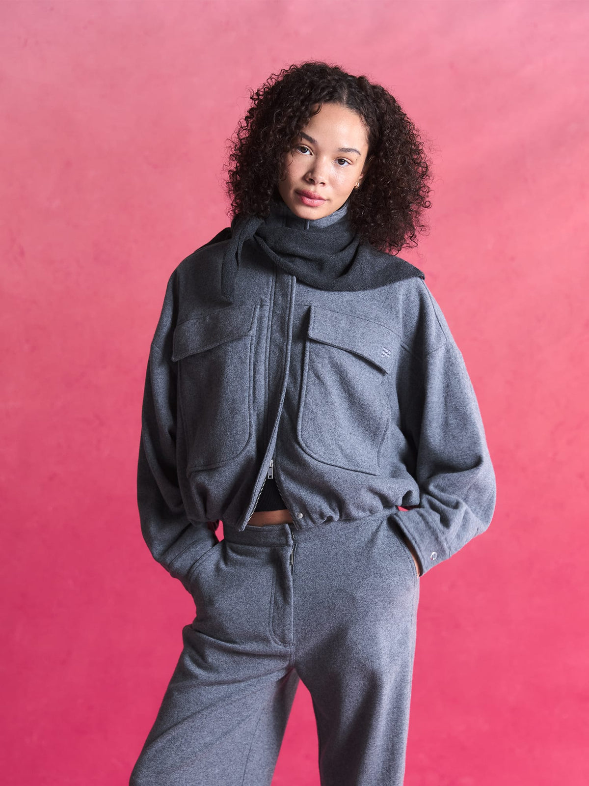 Womens Wool Jersey Zip Up Jacket—Grey Marl