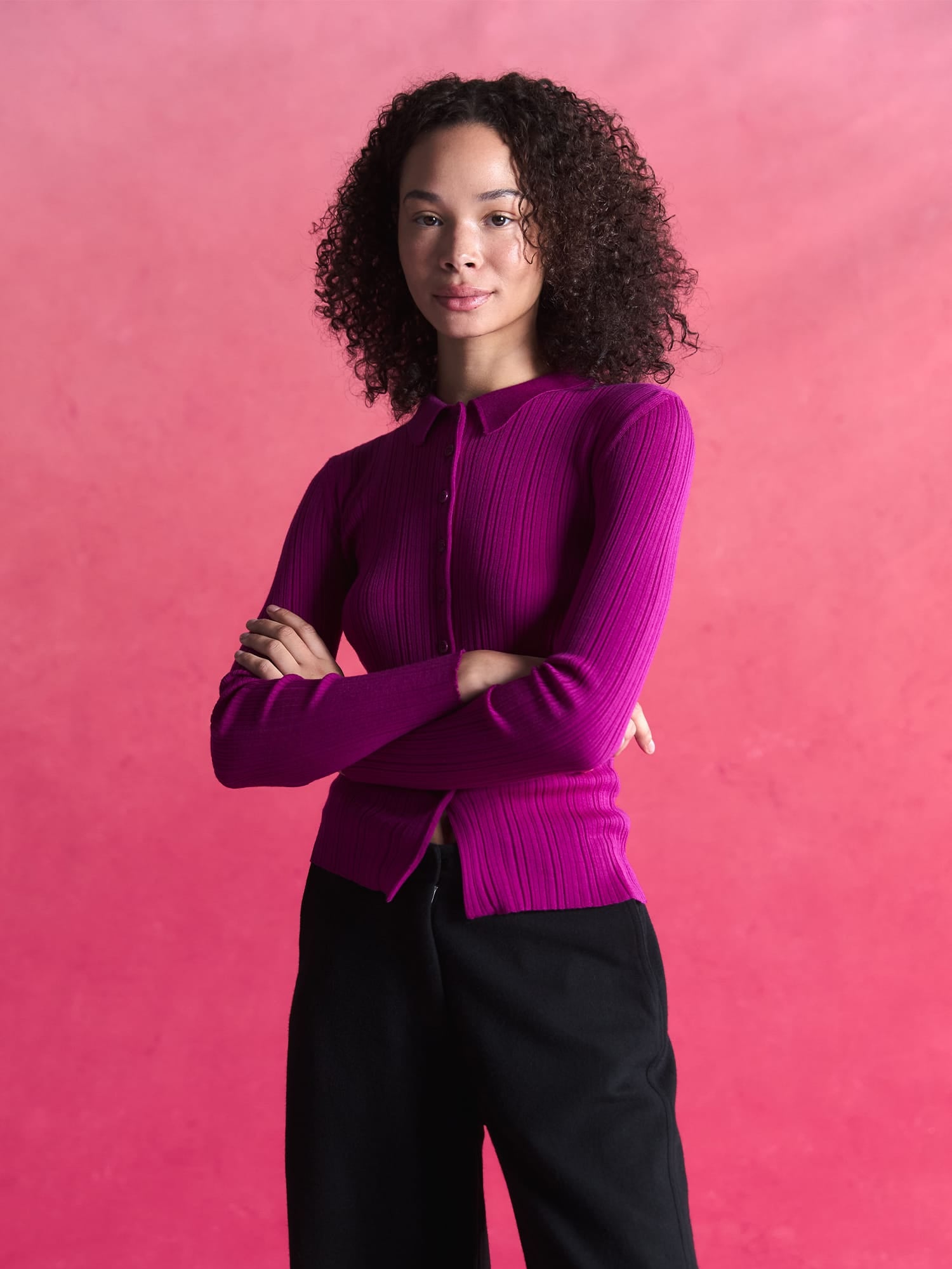 Womens Merino Wool Button Up Top—Festival Fuchsia