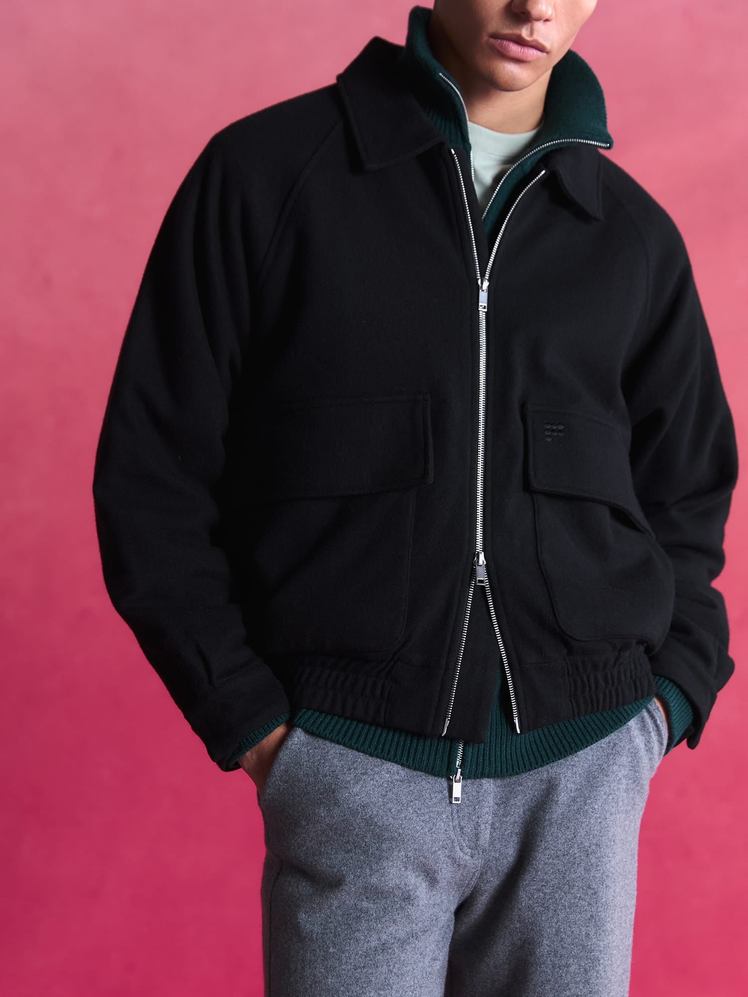 Mens Wool Jersey ZIp Up Jacket—Black