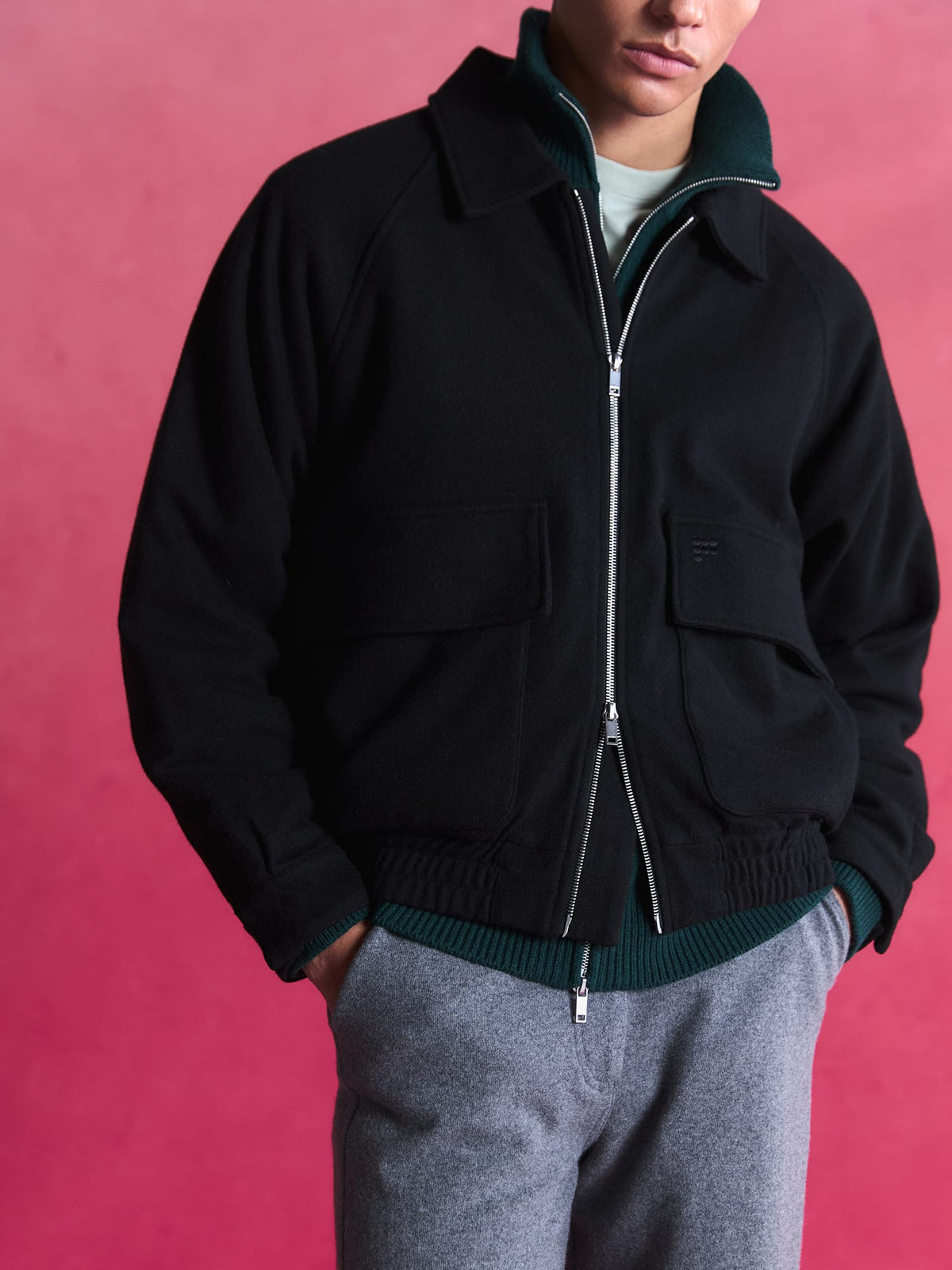 Mens Wool Jersey ZIp Up Jacket—Black