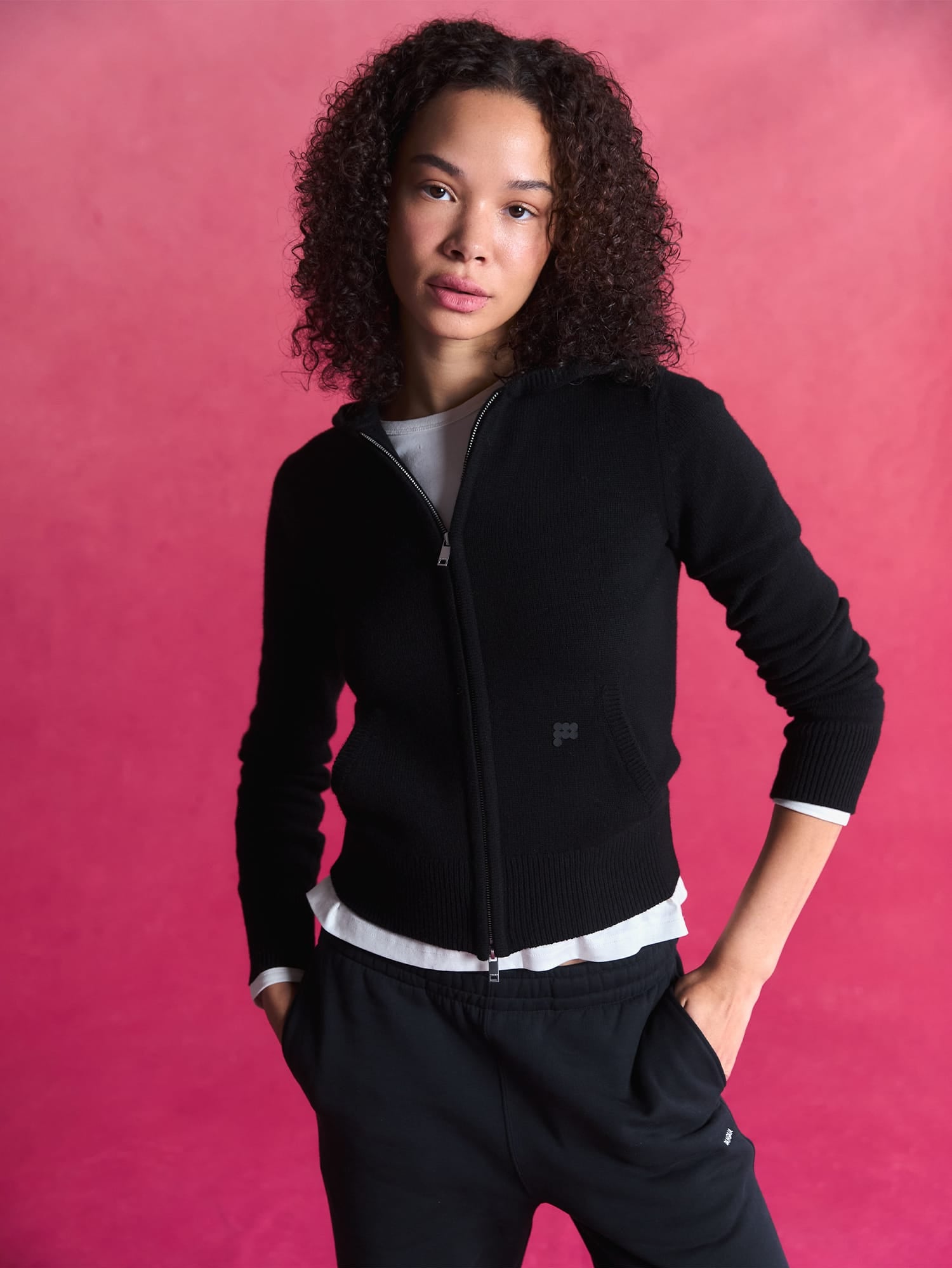 Womens Cashmere and Merino Wool Blend Zip Up Hoodie—Black