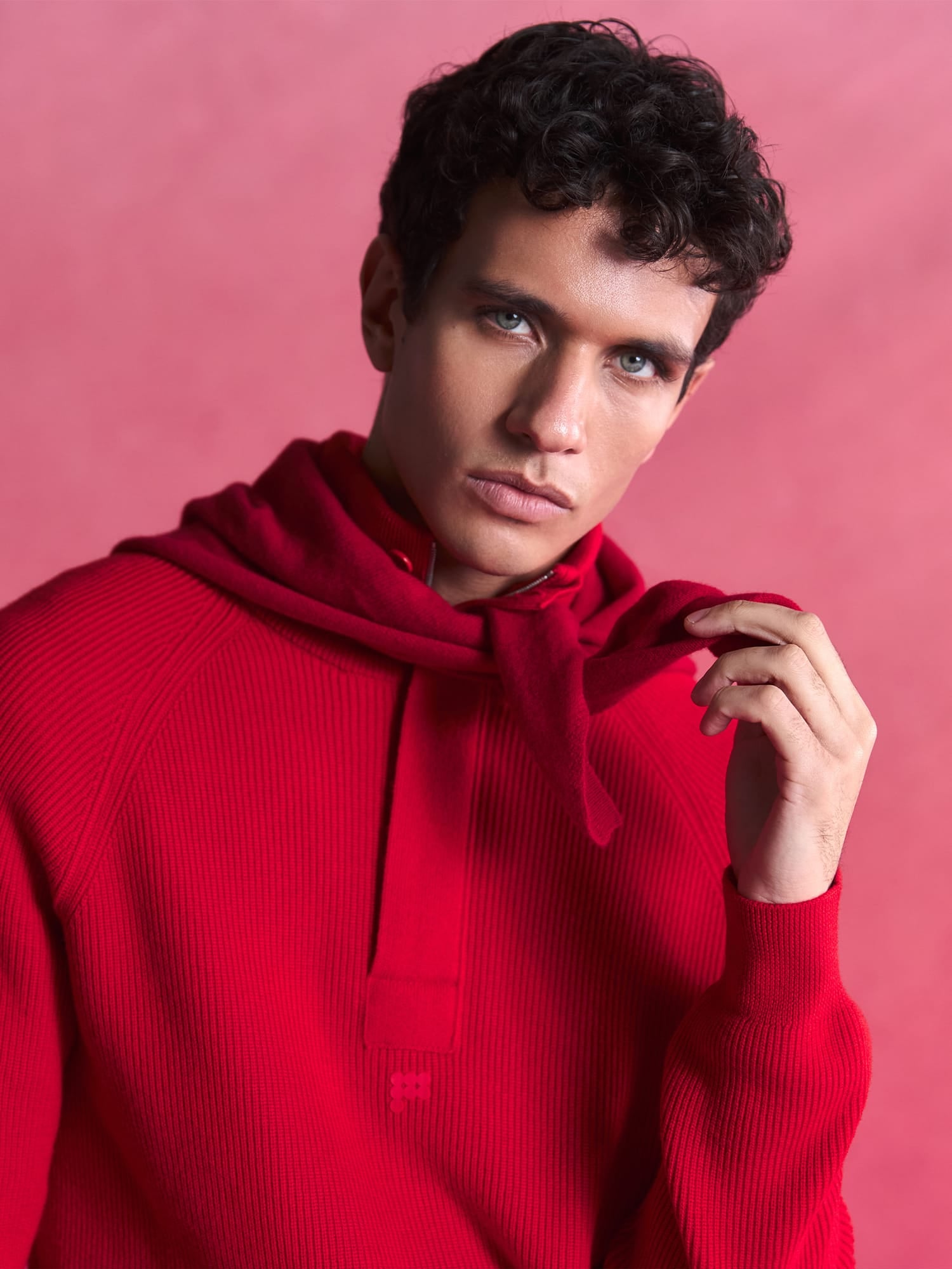 Mens Merino Wool Half Zip Sweater—Coral Red