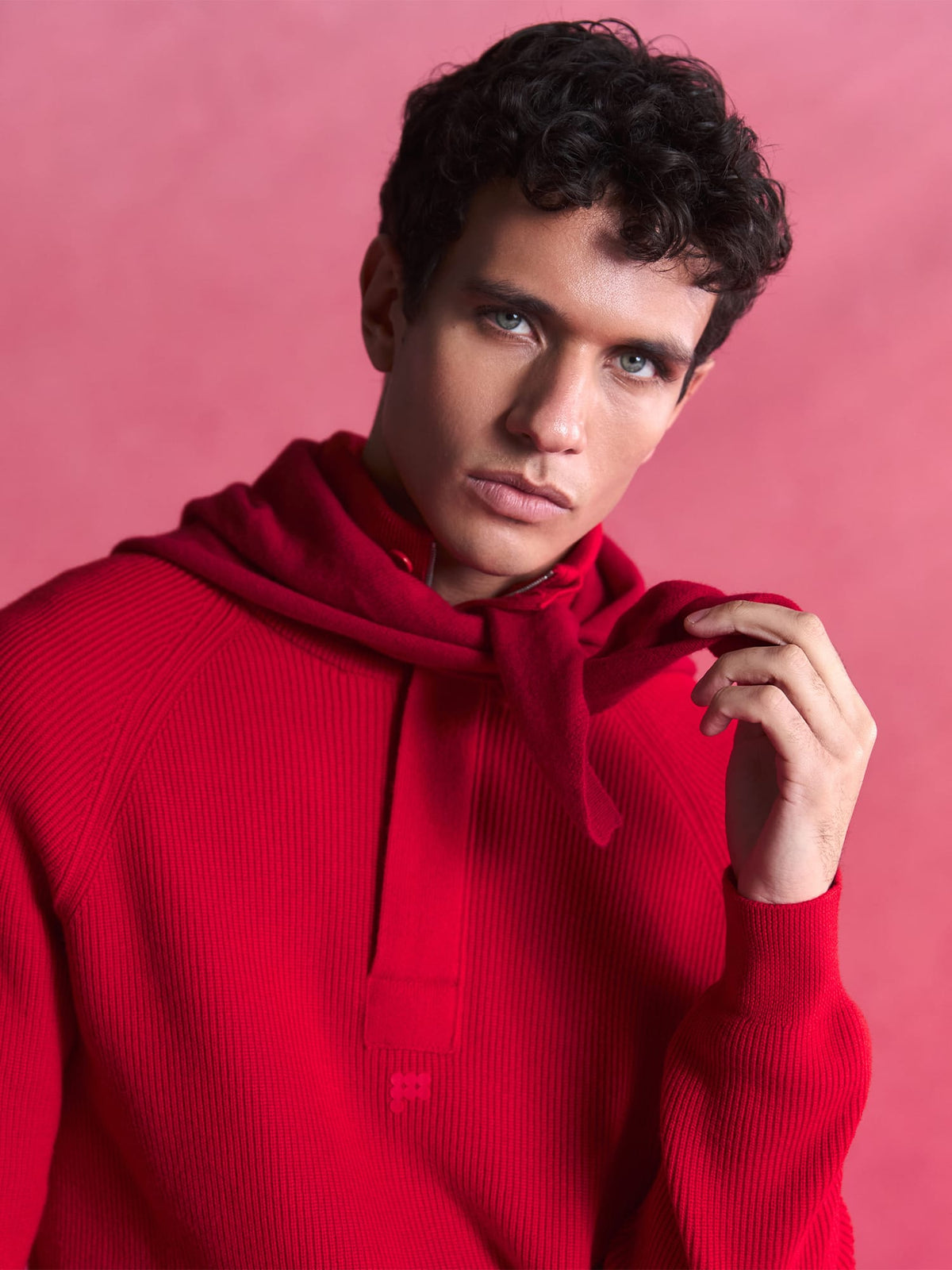 Mens Merino Wool Half Zip Sweater—Coral Red