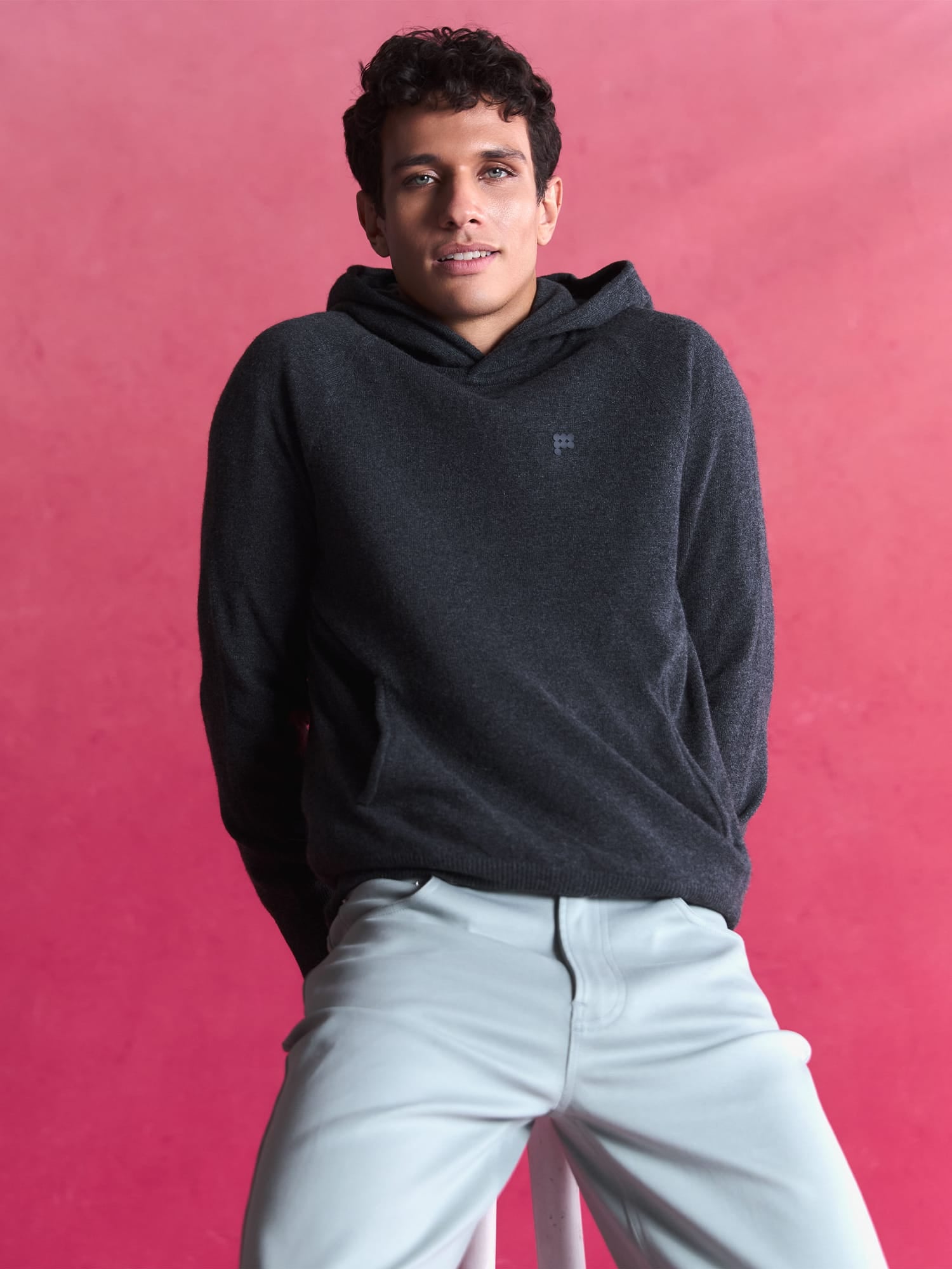 Mens Cashmere and Merino Wool Blend Hoodie—Dark Grey Marl