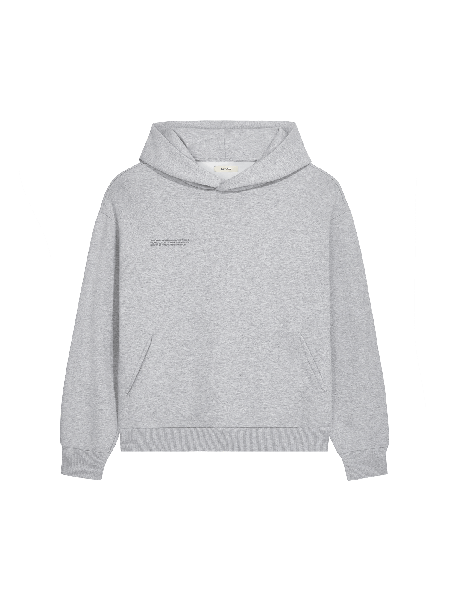 Pangaia light grey oversized hoodie packshot. Relaxed fit sweatshirt made from recycled & organic cotton with kangaroo pocket