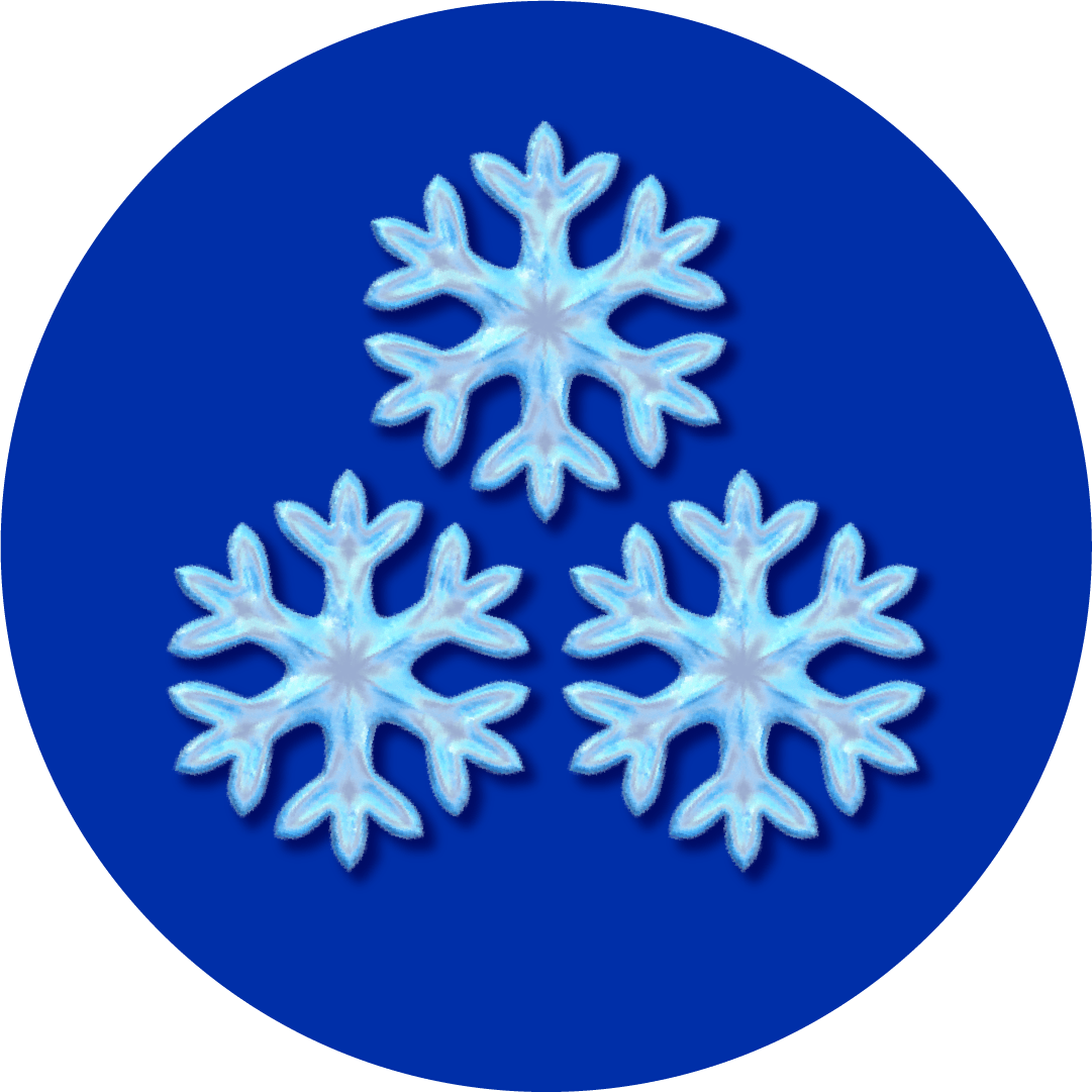 Three stylized icy white & light blue snowflakes on royal blue round background. Winter design motif