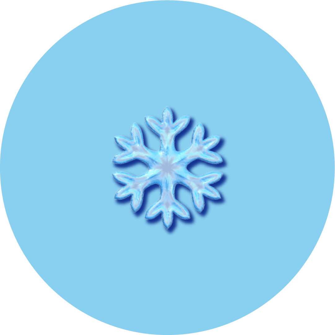 Stylized blue and white snowflake symbol with a frosted texture and subtle shadow, centered on a light blue circle