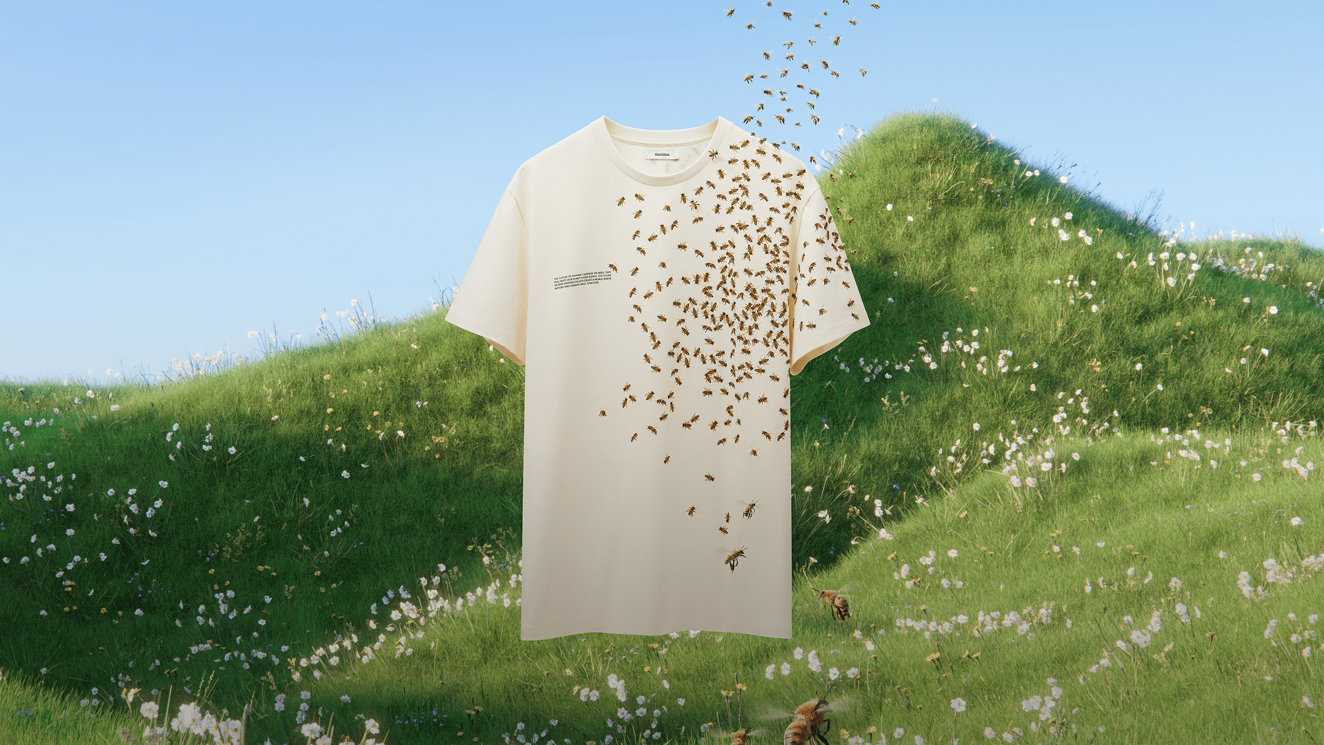 Off-white cotton crew neck relaxed fit short sleeve t-shirt packshot with bee graphic print