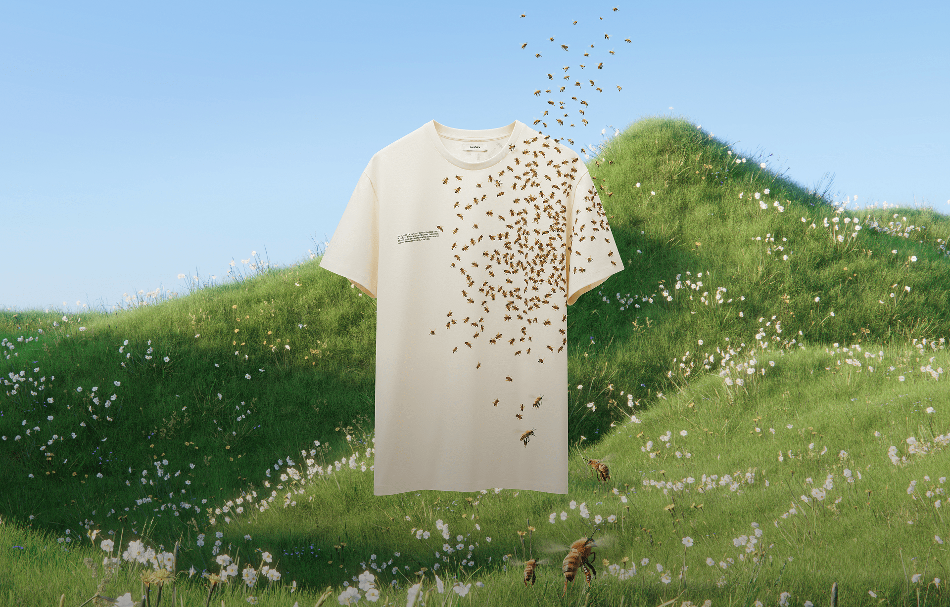 Off-white cotton crew neck relaxed fit short sleeve t-shirt packshot with bee graphic print