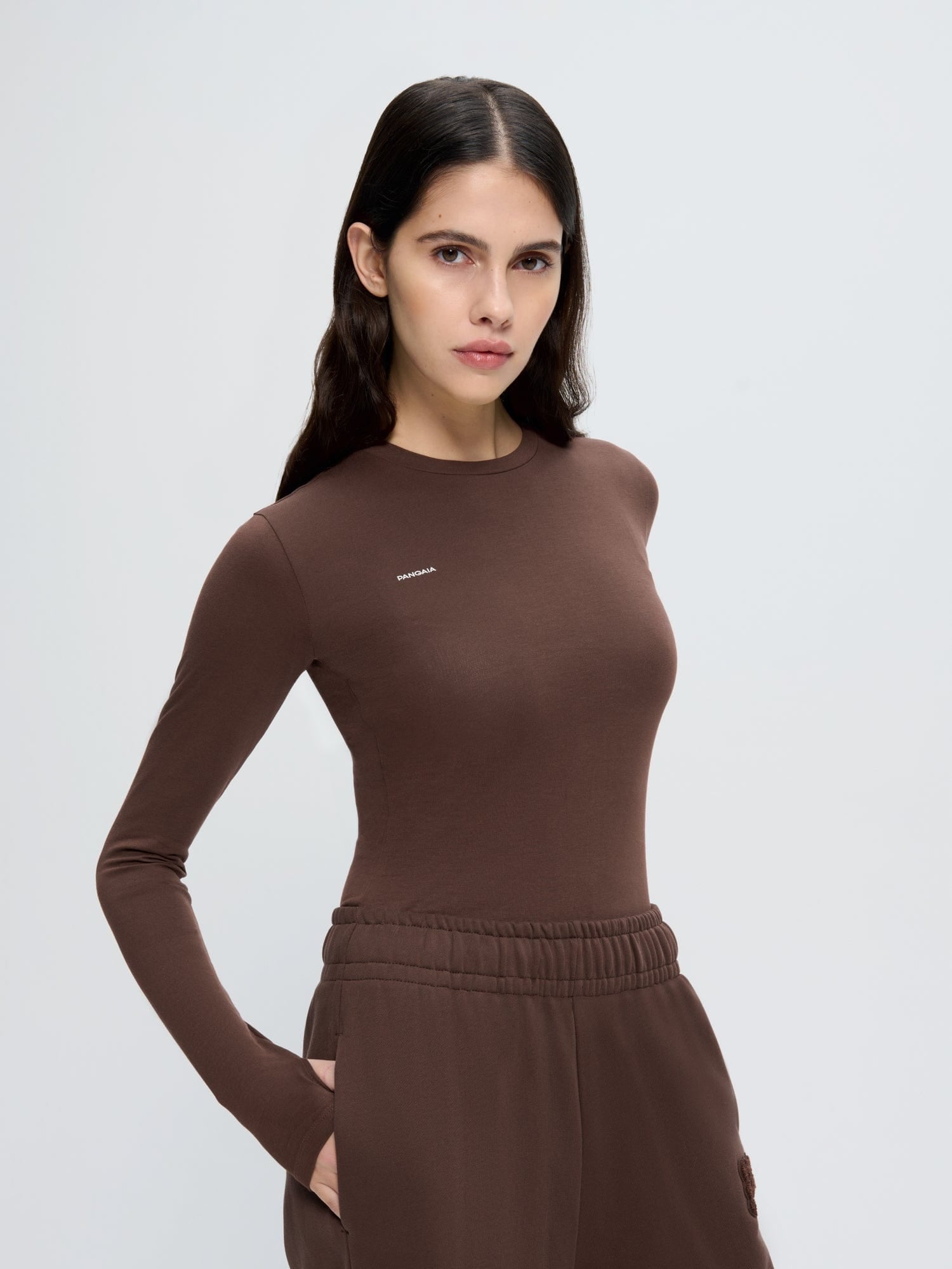 Womens Cotton-Stretch Long-Sleeved Top—Mahogany Brown