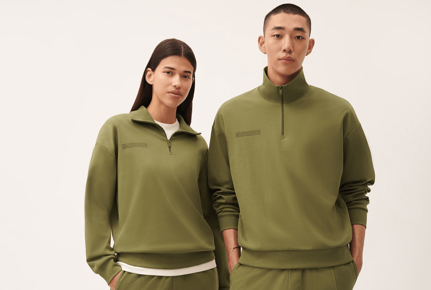Unisex olive green heavyweight cotton quarter-zip sweatshirts & matching sweatpants. Relaxed fit men's & women's loungewear