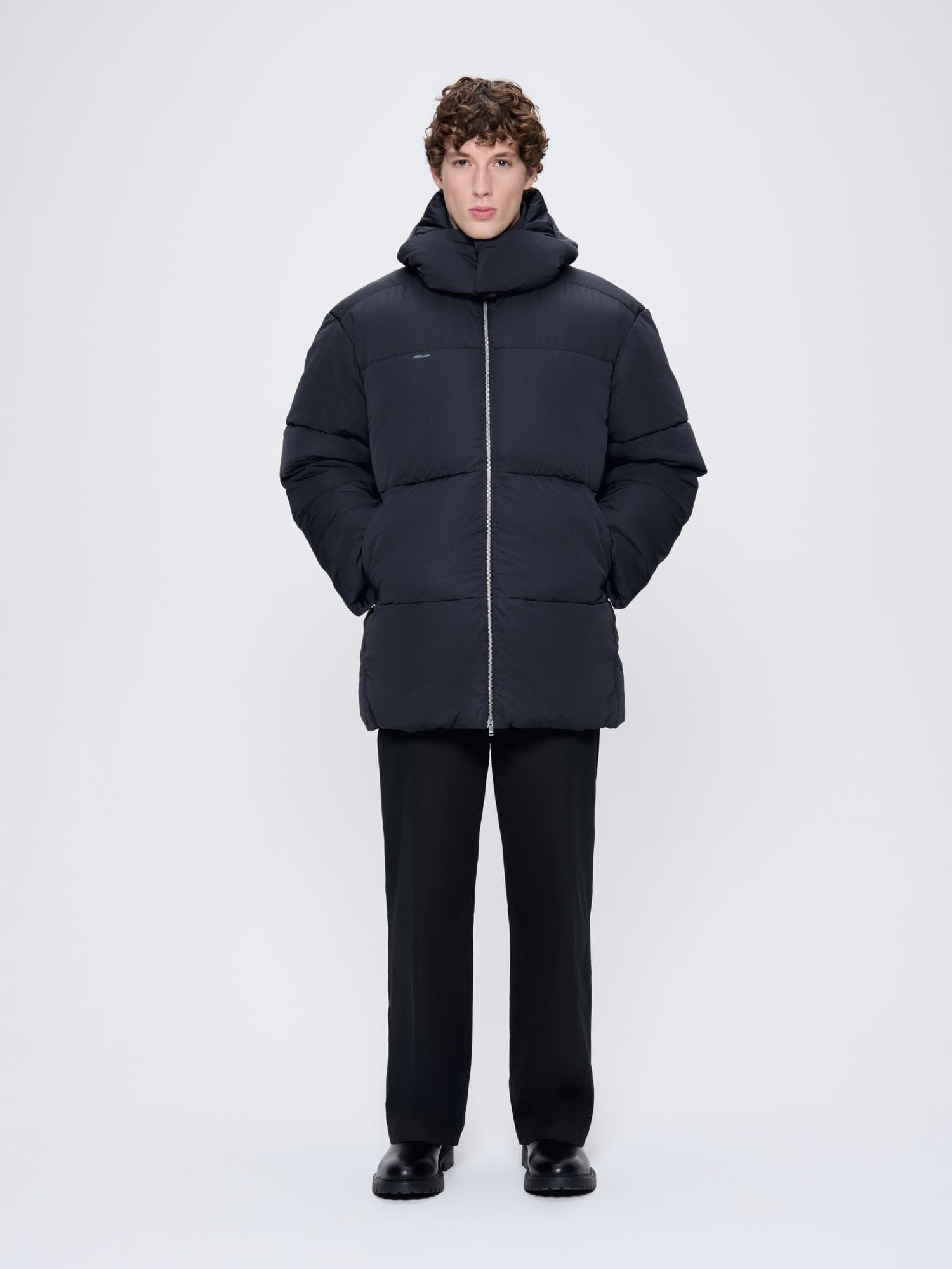 Mens Flower-Warmth Recycled Nylon Long Puffer—black