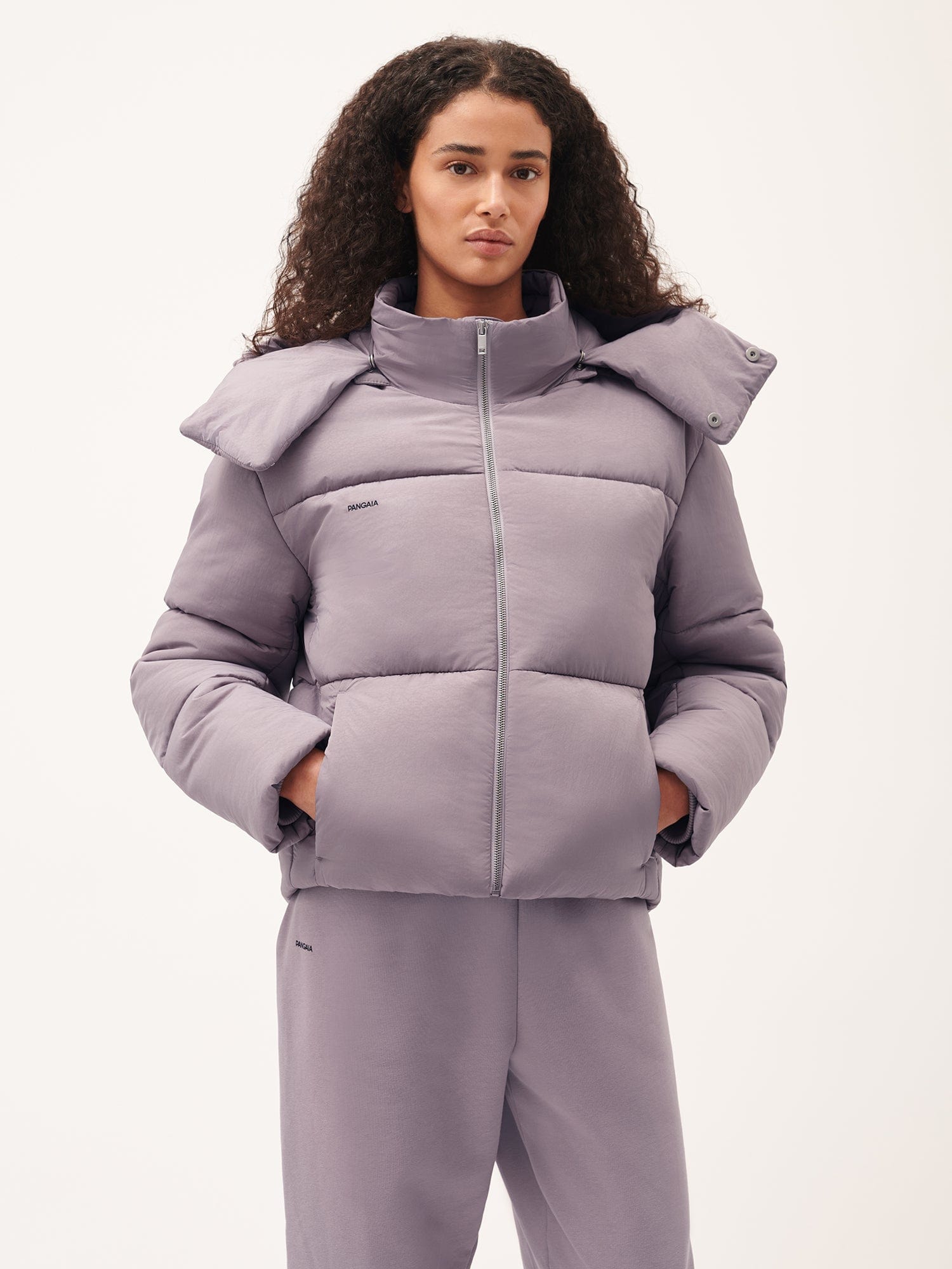 PANGAIA women's lavender cropped quilted puffer jacket with stand collar, full zip, and matching sweatpants