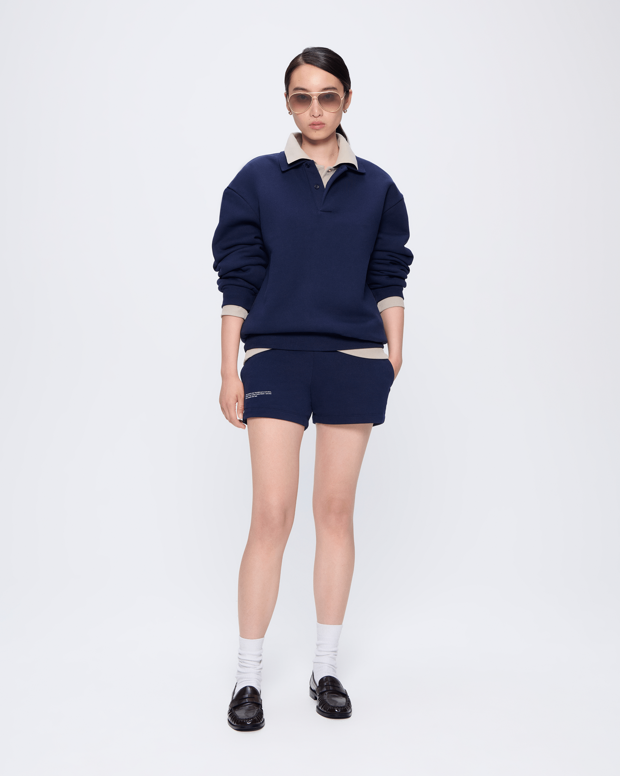DNA_POLO_NECK_SWEATSHIRT_NAVY_365_MIDWEIGHT_SHORTS_NAVY_WOMENS_LEAD_1