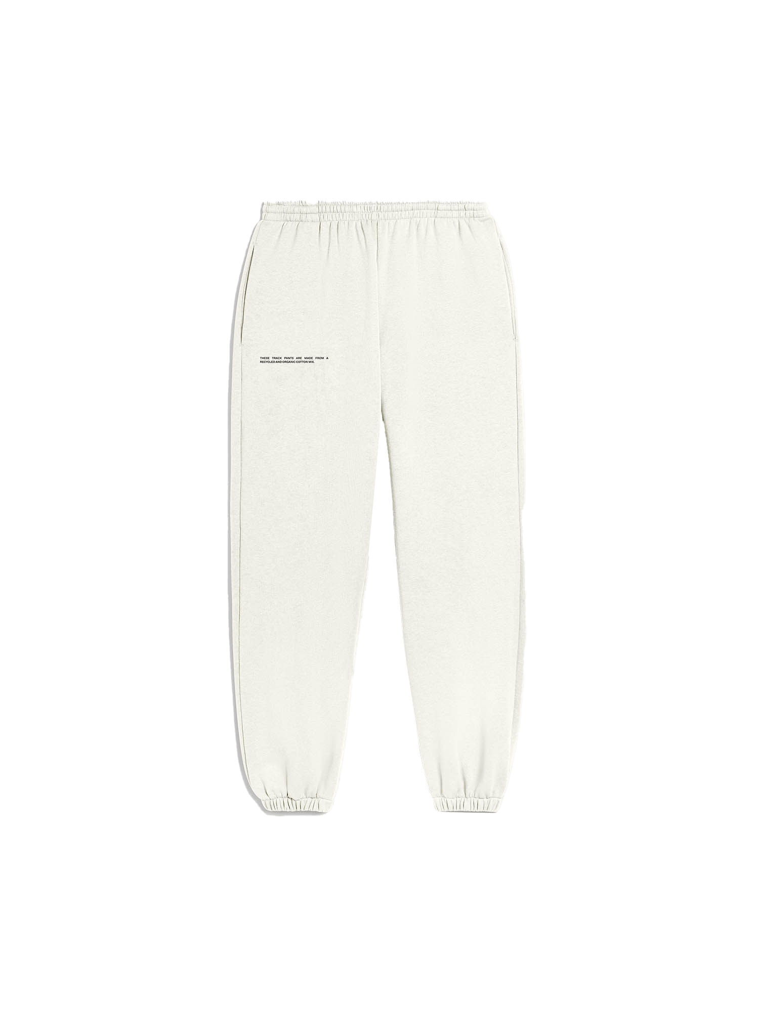 Ecru recycled organic cotton blend track pants packshot. Relaxed fit joggers, elasticated waist, ribbed cuffs.