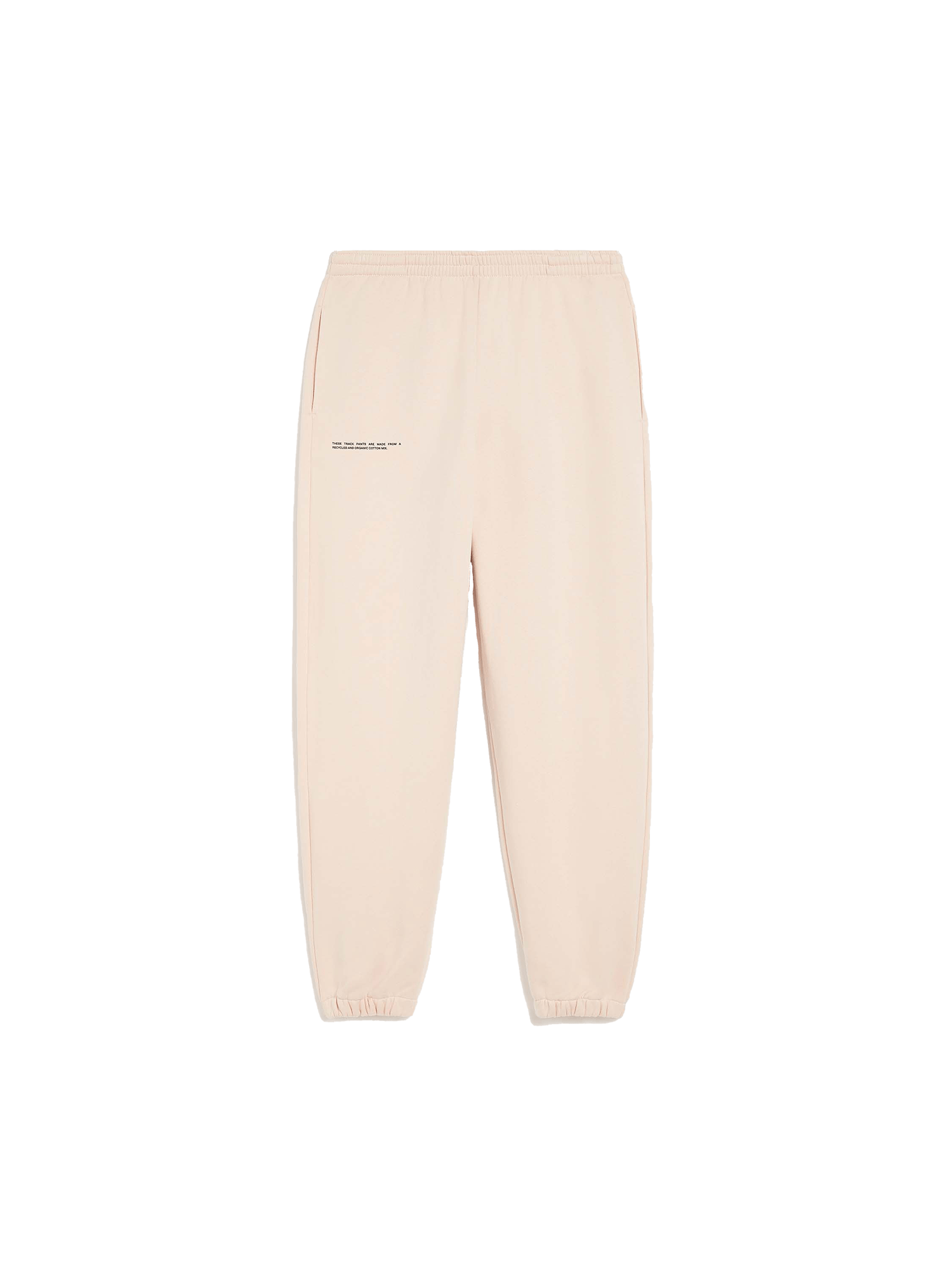 Sand beige organic recycled cotton blend relaxed fit track pants packshot with elastic waist and ribbed cuffs