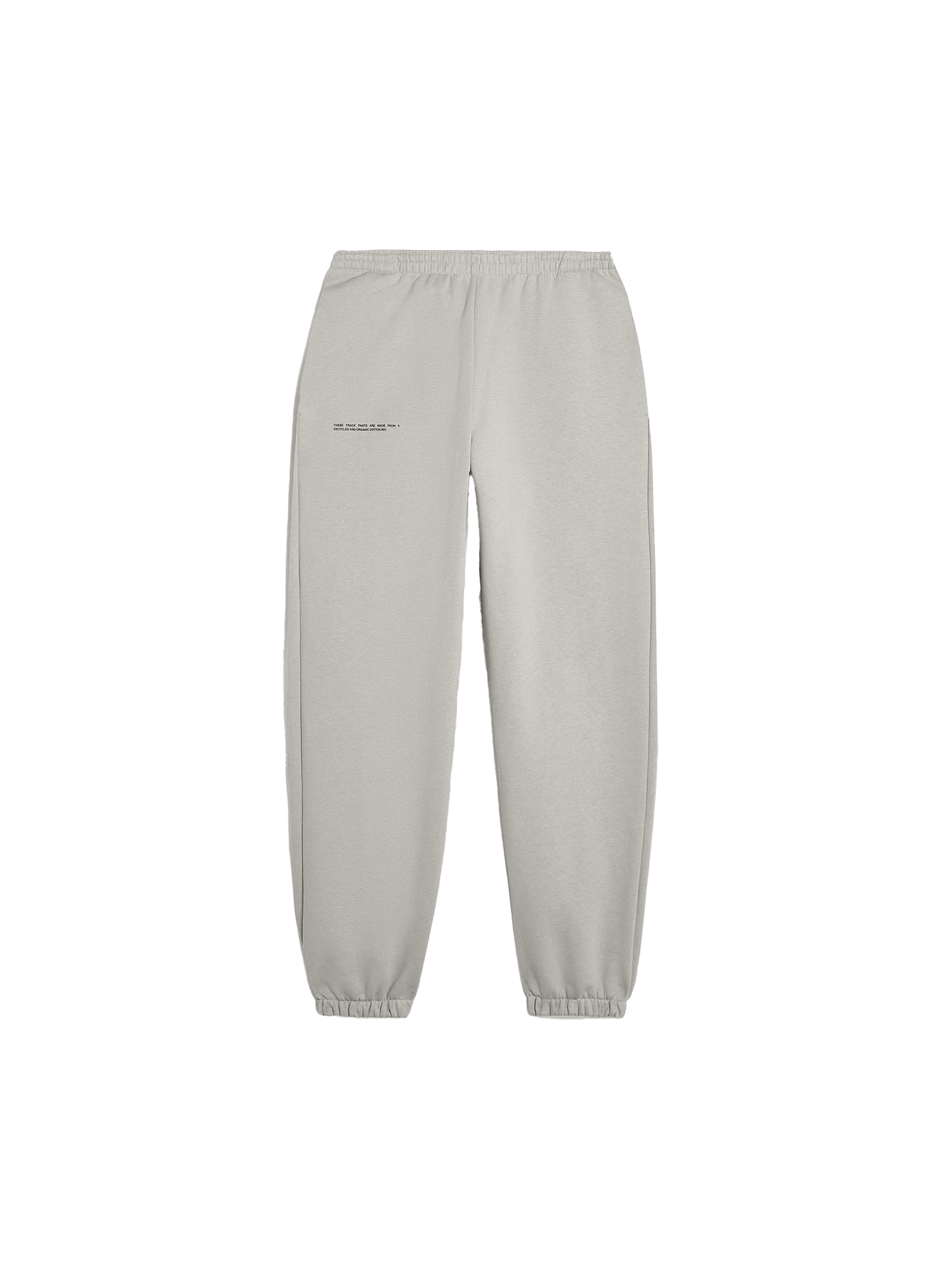 Light grey cotton fleece track pants packshot, relaxed fit, elasticated waist and cuffed ankles