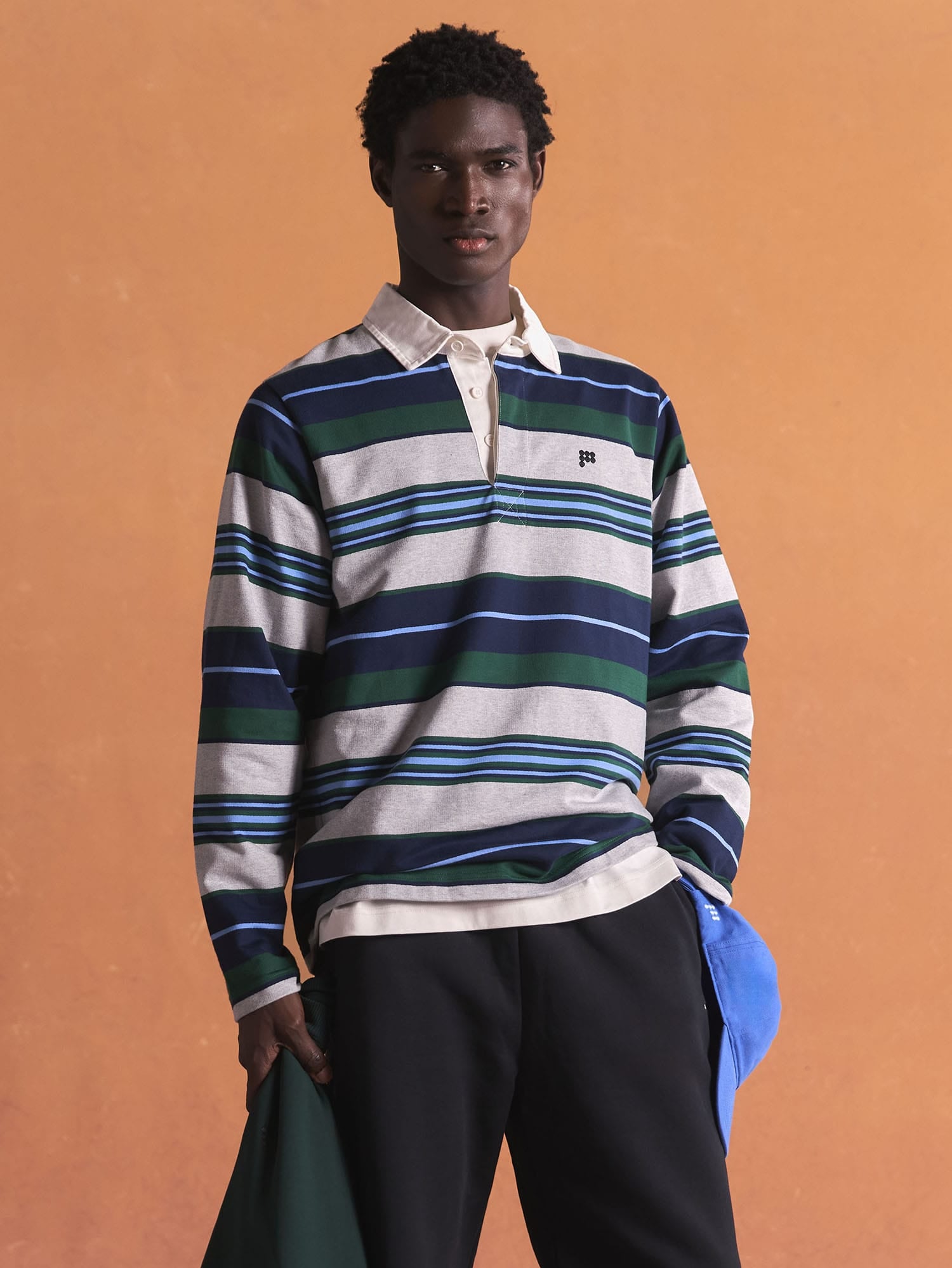 Mens Striped Long Sleeve Polo Shirt—Depth Green Stripe