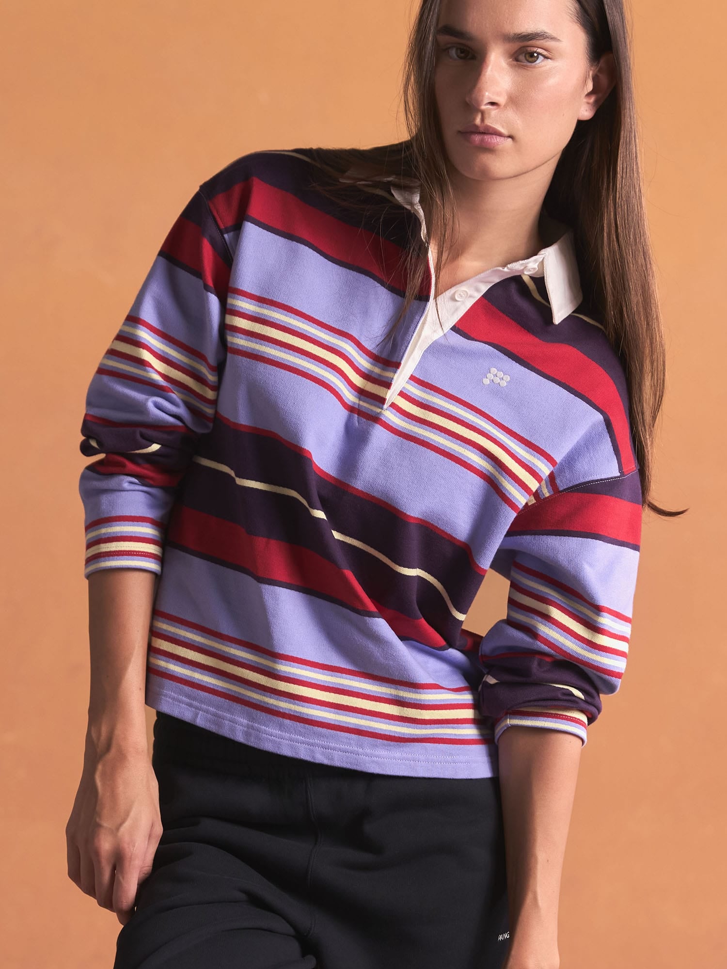 Womens Striped Long Sleeve Polo Shirt—Lavender Haze Stripe