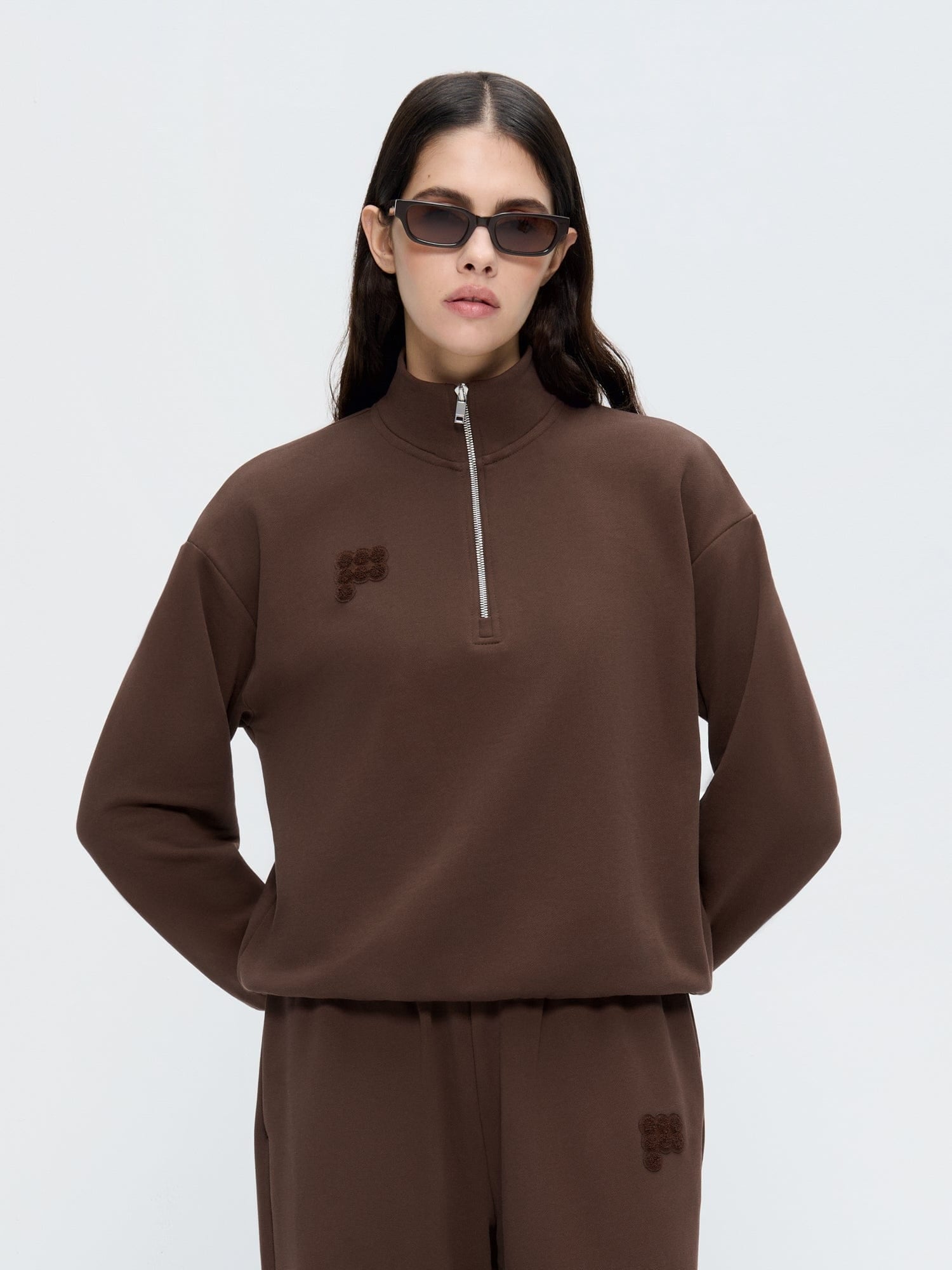 Womens Half Zip Sweatshirt—Mahogany Brown