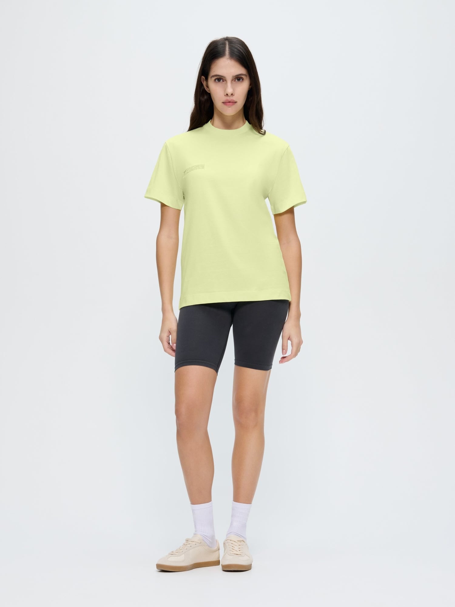 Woman wears Soft Lime 365 Midweight T-shirt, oversized organic cotton, boxy fit, short sleeve crew neck