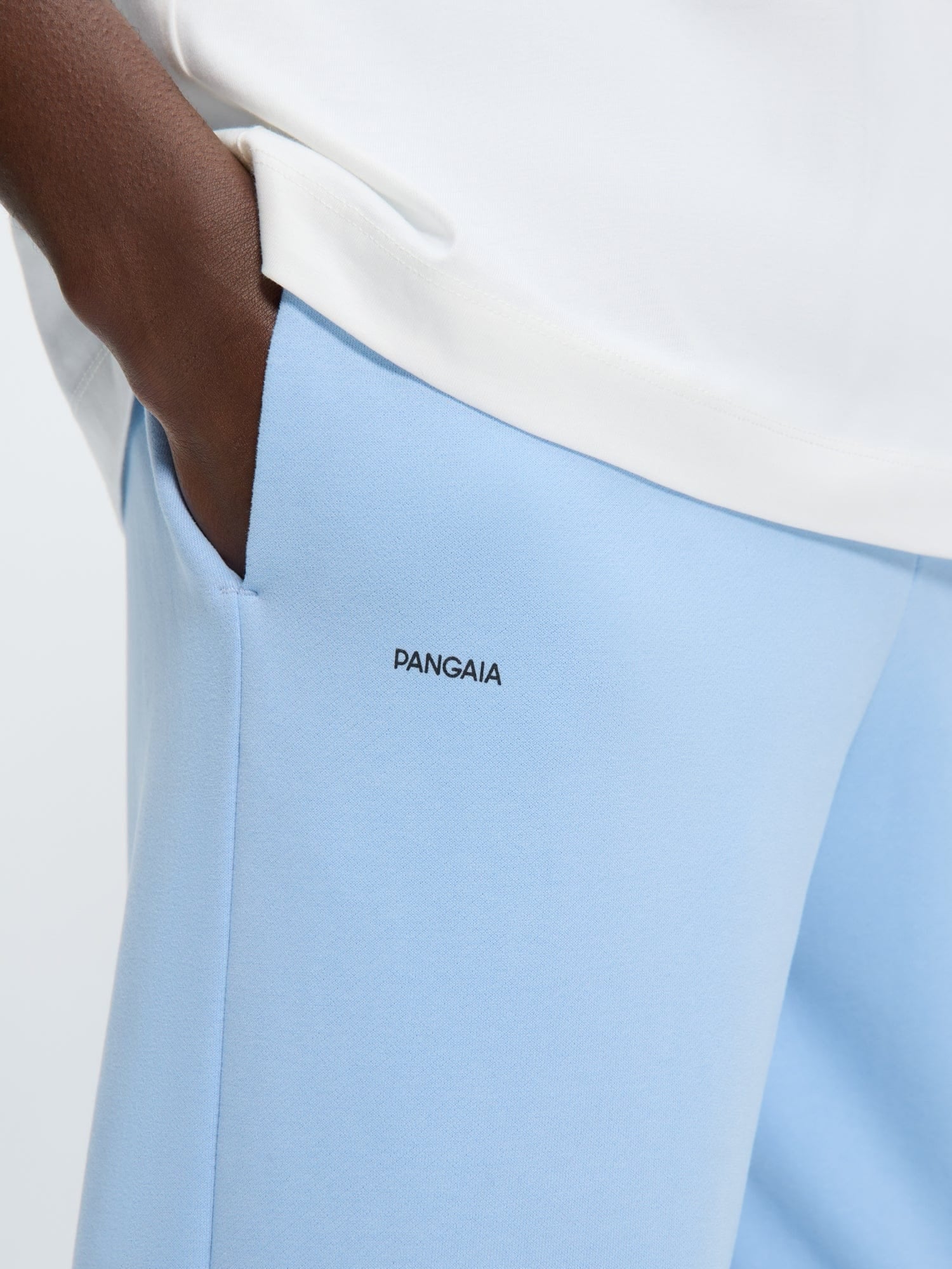 Pangaia Mens 365 Midweight Dewdrop Blue organic cotton track pants, loose fit, hand in side pocket