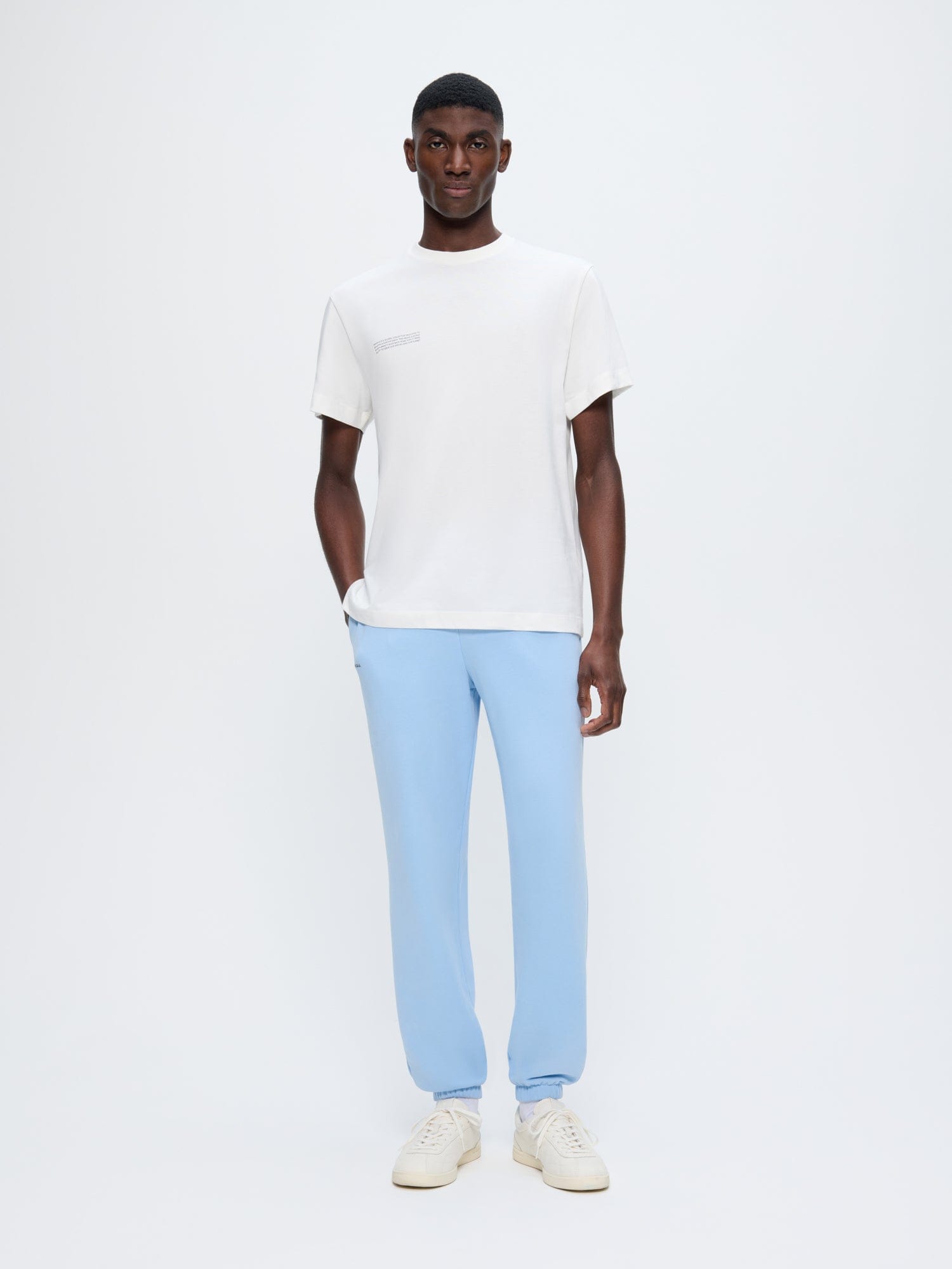 Mens 365 Midweight Track Pants in Dewdrop Blue 100% organic cotton, loose fit, lightweight, worn by model