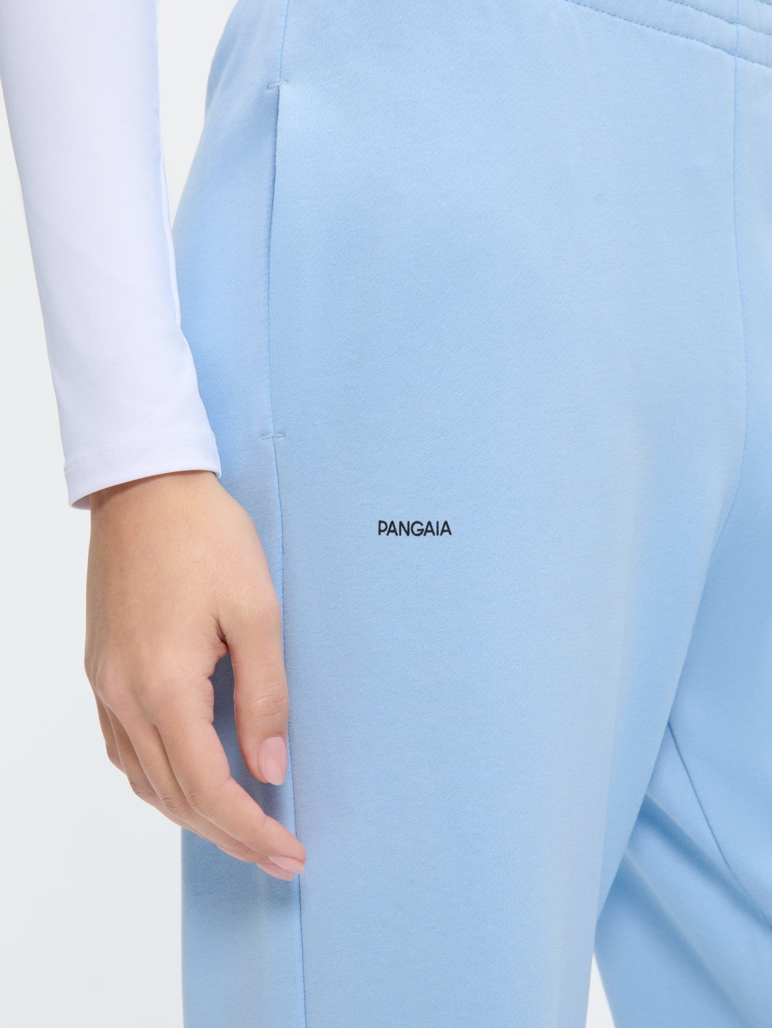 Dewdrop Blue Womens 365 Midweight Track Pants, organic cotton, loose fit, side pocket, PANGAIA logo