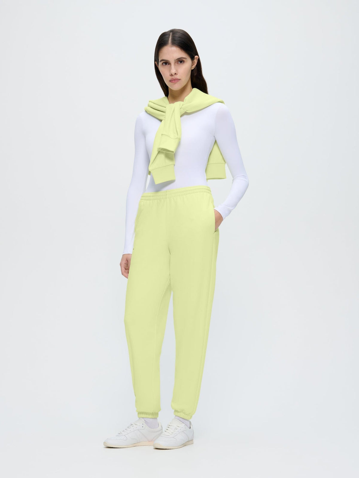 Womens Soft Lime organic cotton 365 Midweight track pants. Loose fit joggers with elastic waist & cuffed ankles