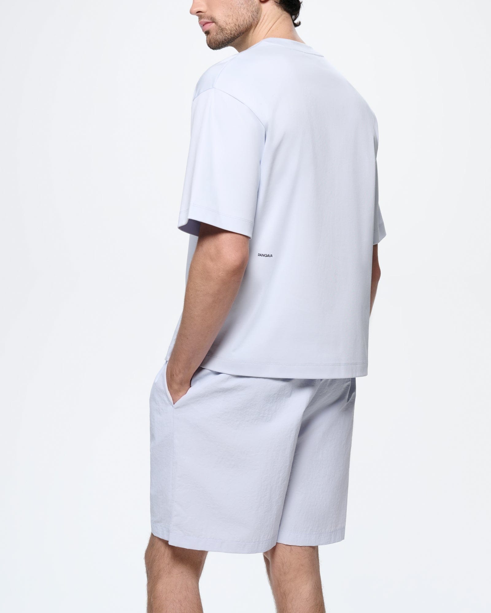 Mens Ice Grey oversized T-shirt, organic cotton interlock jersey, relaxed fit, ultra-soft, crew neck, PANGAIA wordmark