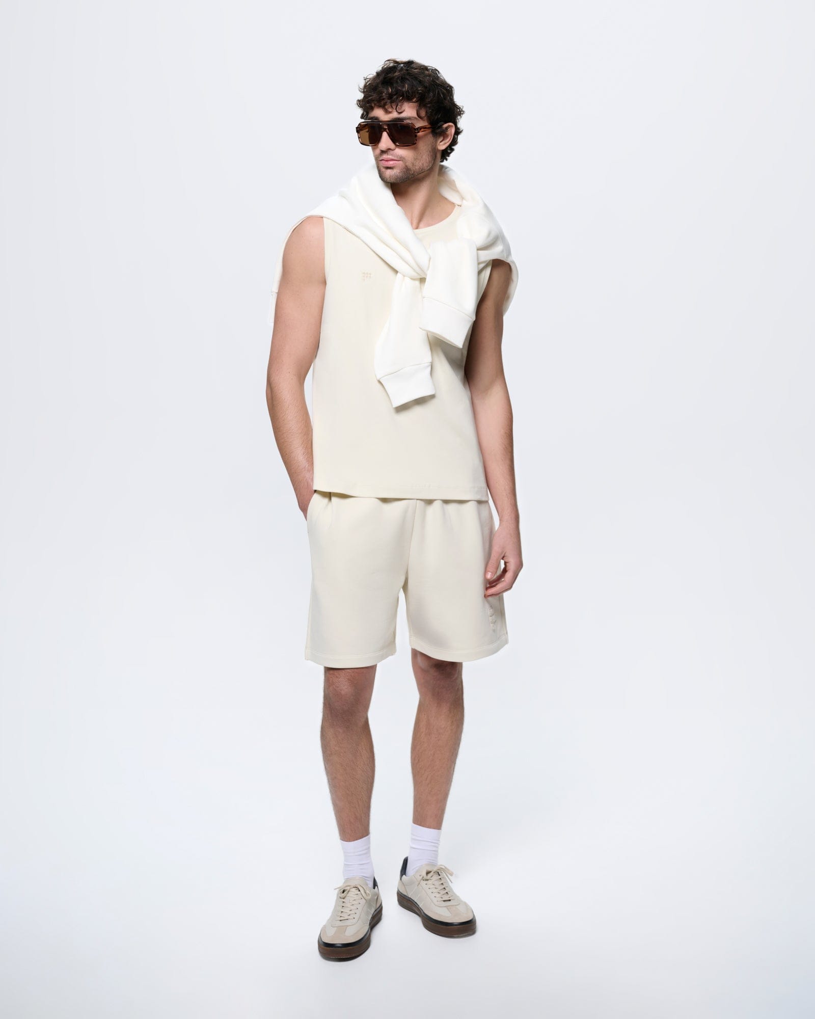 Mens Mid Length Shorts—Bone White