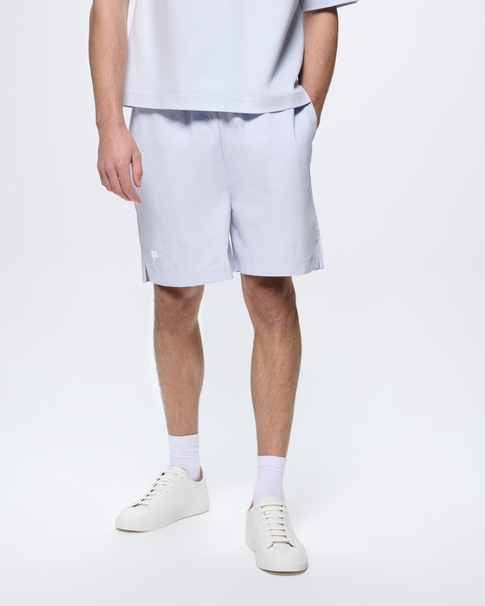 Mens Ice Grey mid-length Recycled Nylon Shorts, regular fit, textured 100% recycled polyamide fabric, with subtle white logo