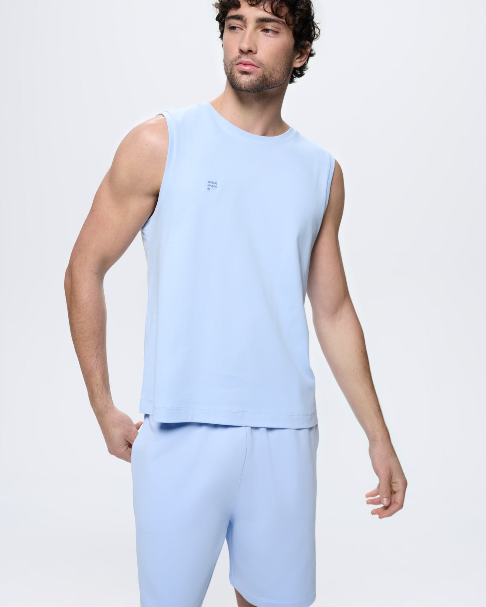 Mens Sleeveless T-Shirt—Wildflower Blue