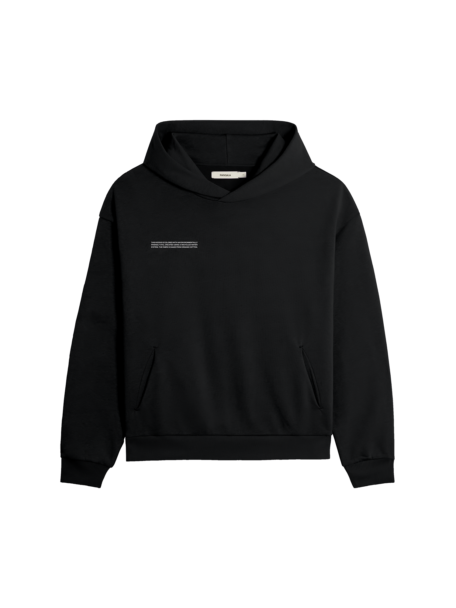 Black organic cotton pullover hoodie packshot. Features relaxed fit, kangaroo pocket, ribbed cuffs and hem. Premium hooded sweatshirt