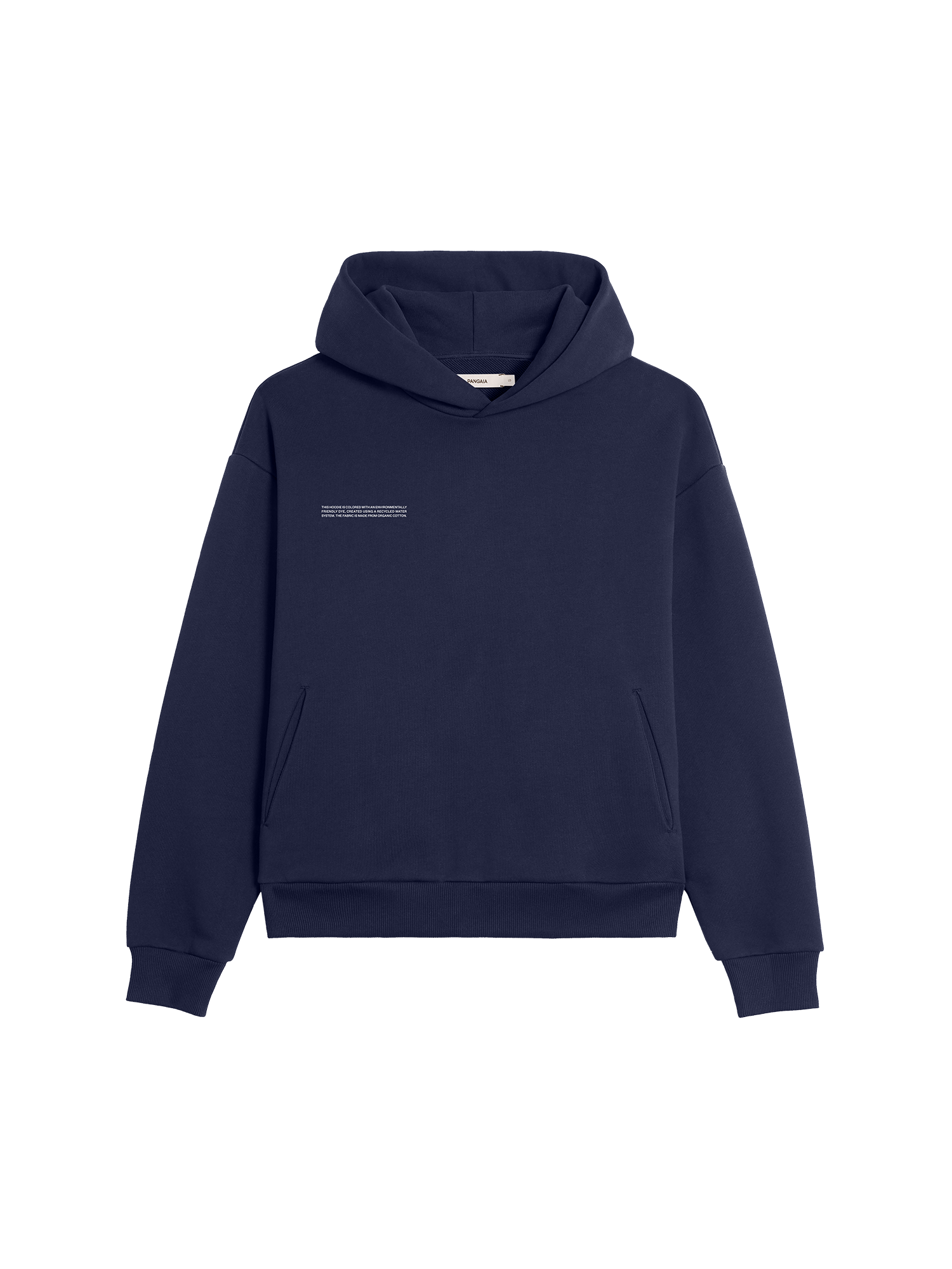 Dark navy blue organic cotton heavy fleece hoodie packshot. Relaxed fit, kangaroo pocket, white chest text.