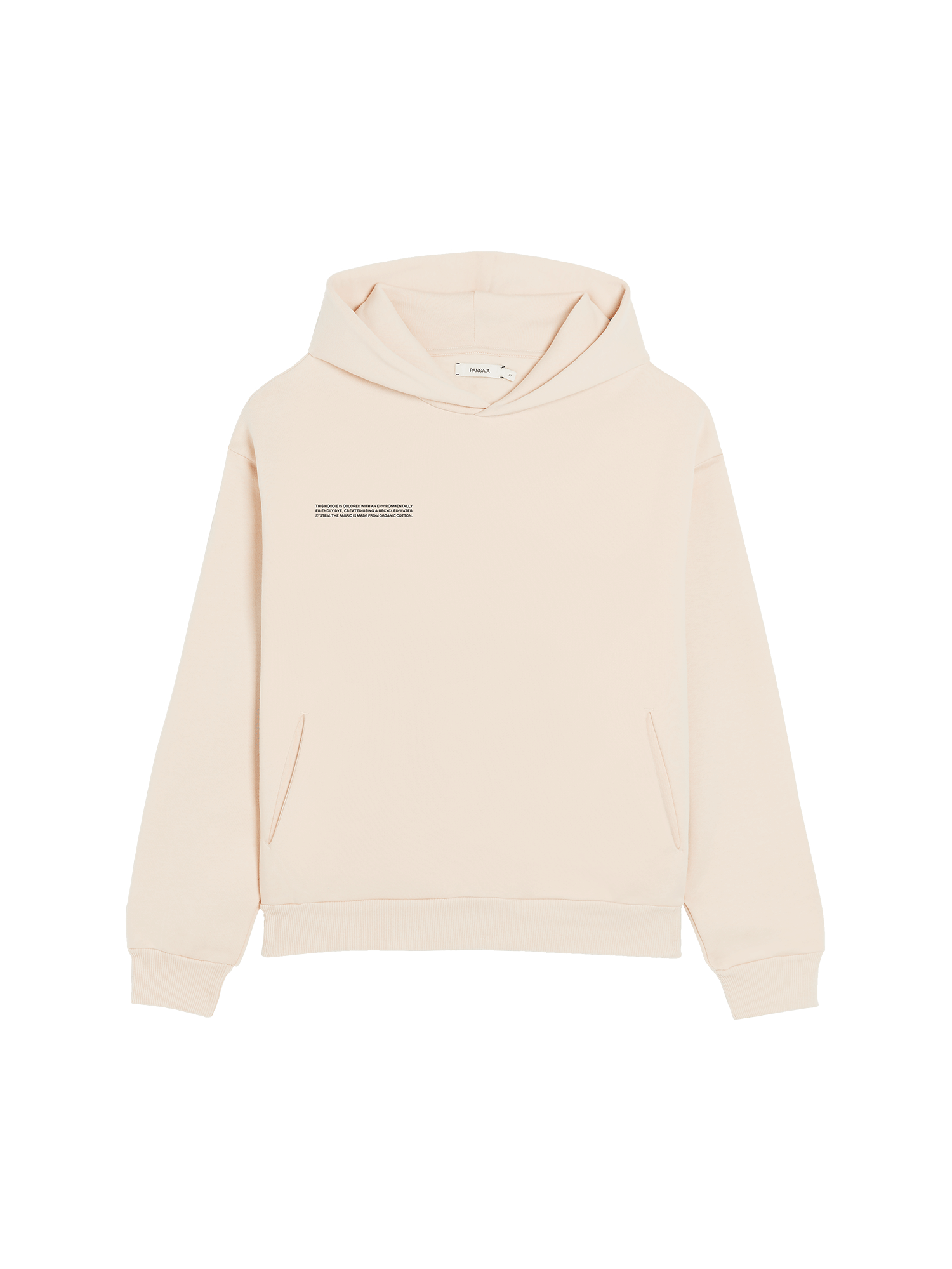Pangaia sand beige organic cotton relaxed fit hoodie packshot, pullover style, kangaroo pocket, ribbed cuffs hem