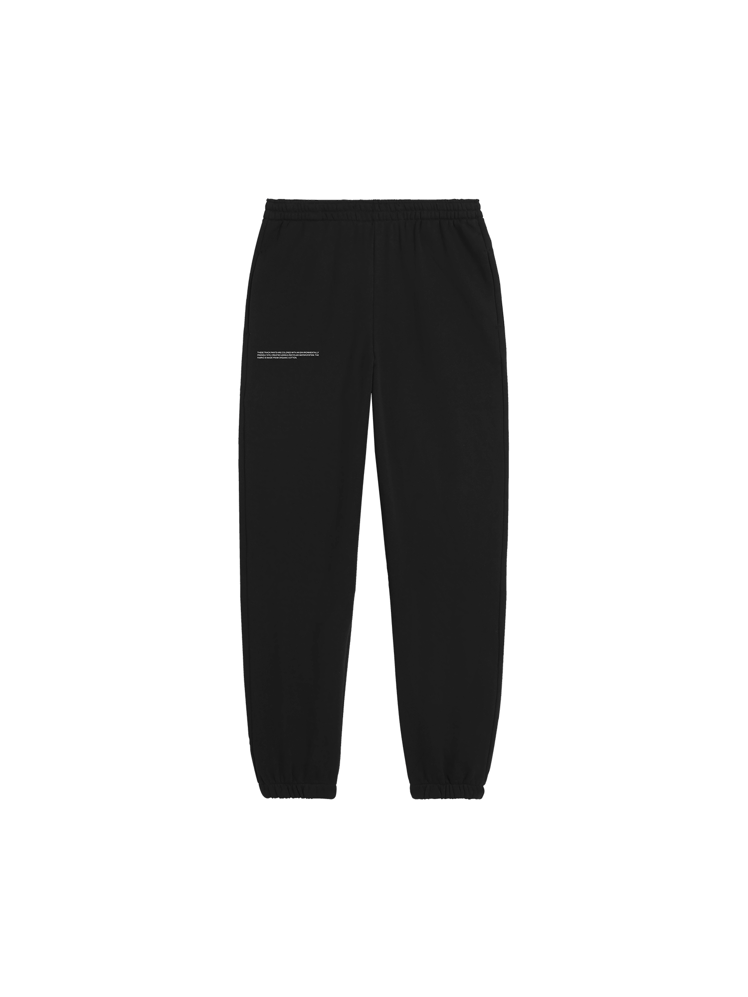 Black organic cotton joggers packshot, relaxed fit, elasticated waist, cuffed ankles