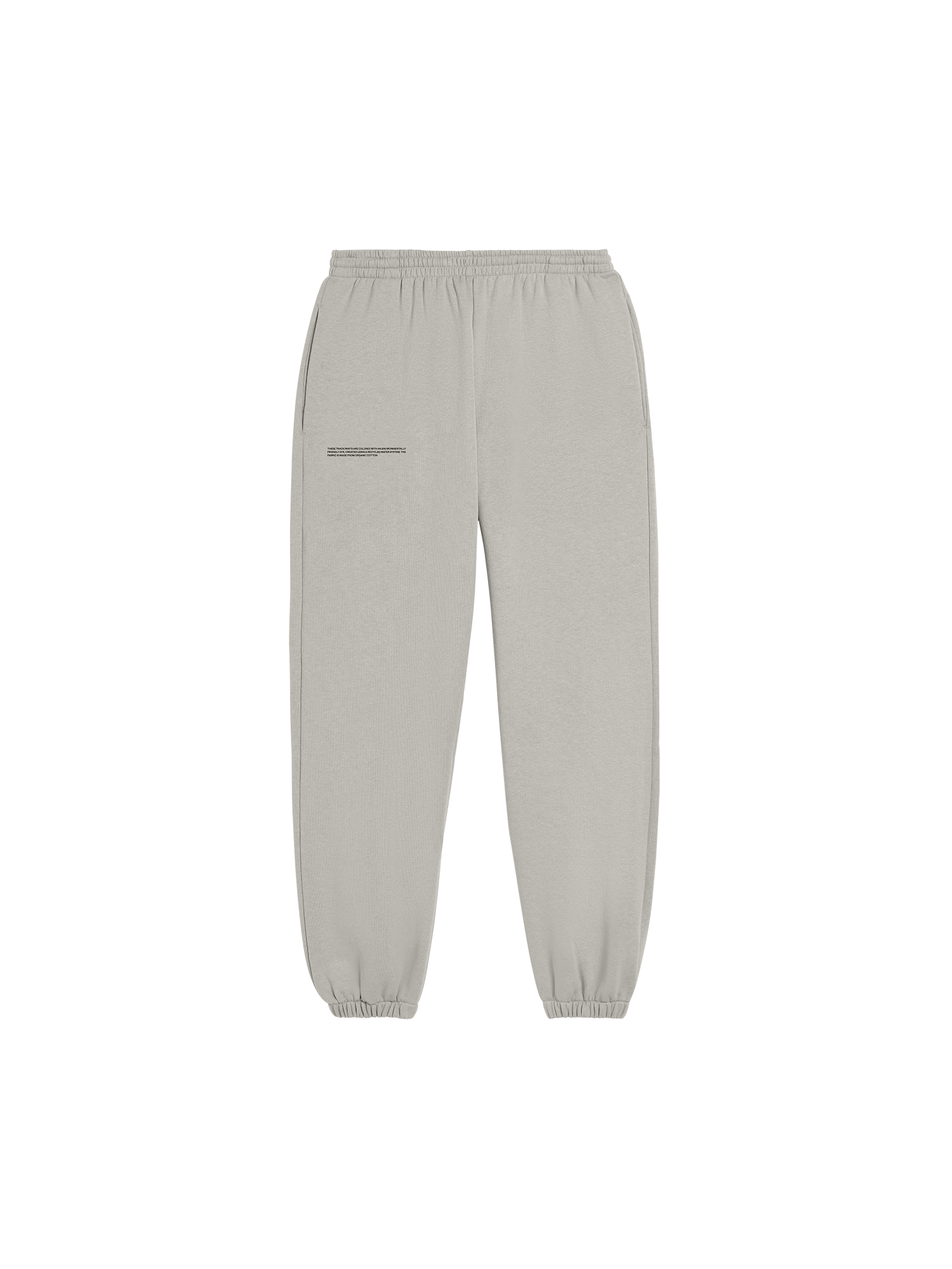 Stone grey organic cotton fleece track pants packshot. Relaxed fit, elasticated waist and ribbed cuffs
