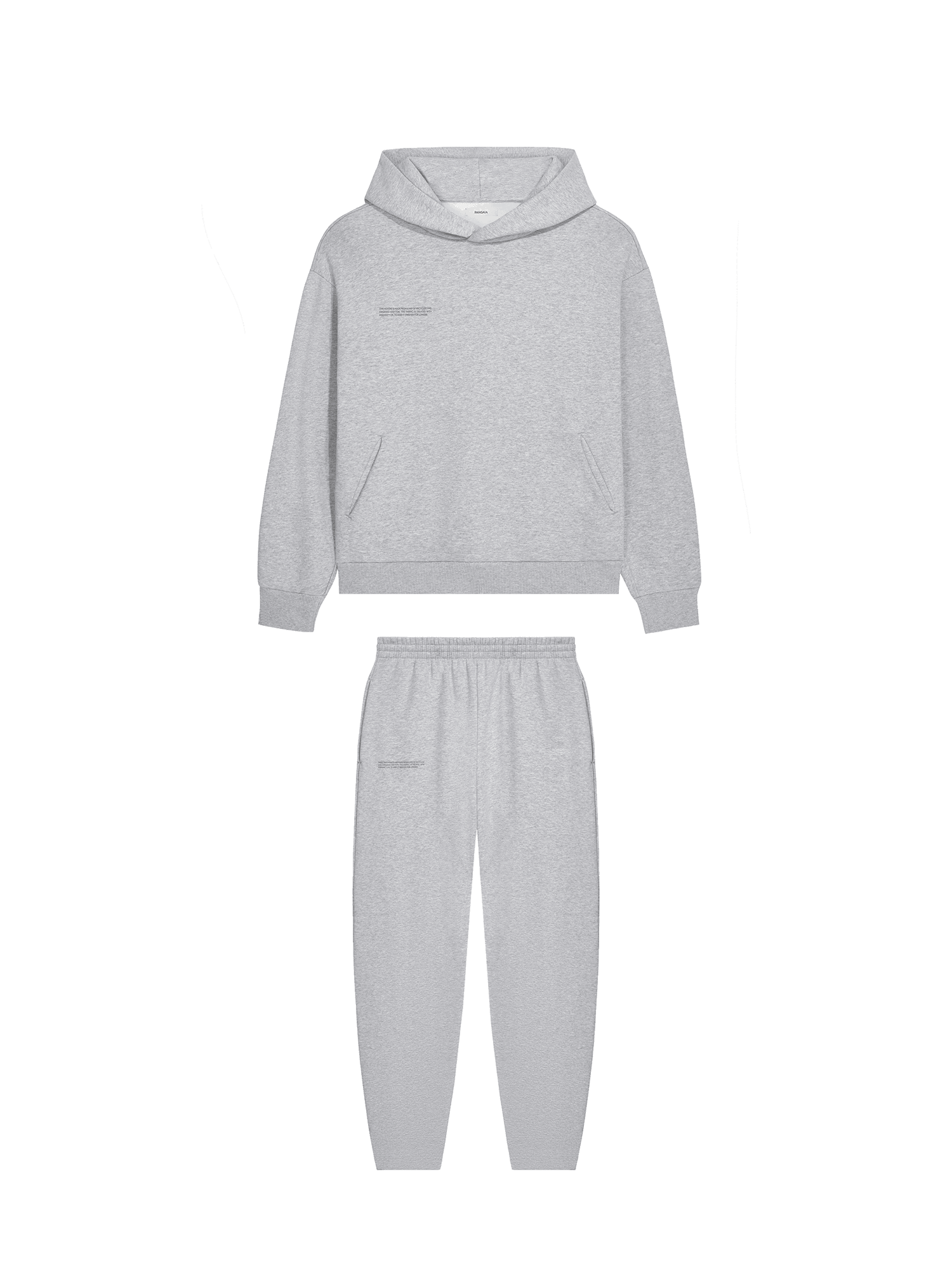 Light grey cotton fleece oversized hoodie with kangaroo pocket and matching relaxed fit sweatpants loungewear set packshot