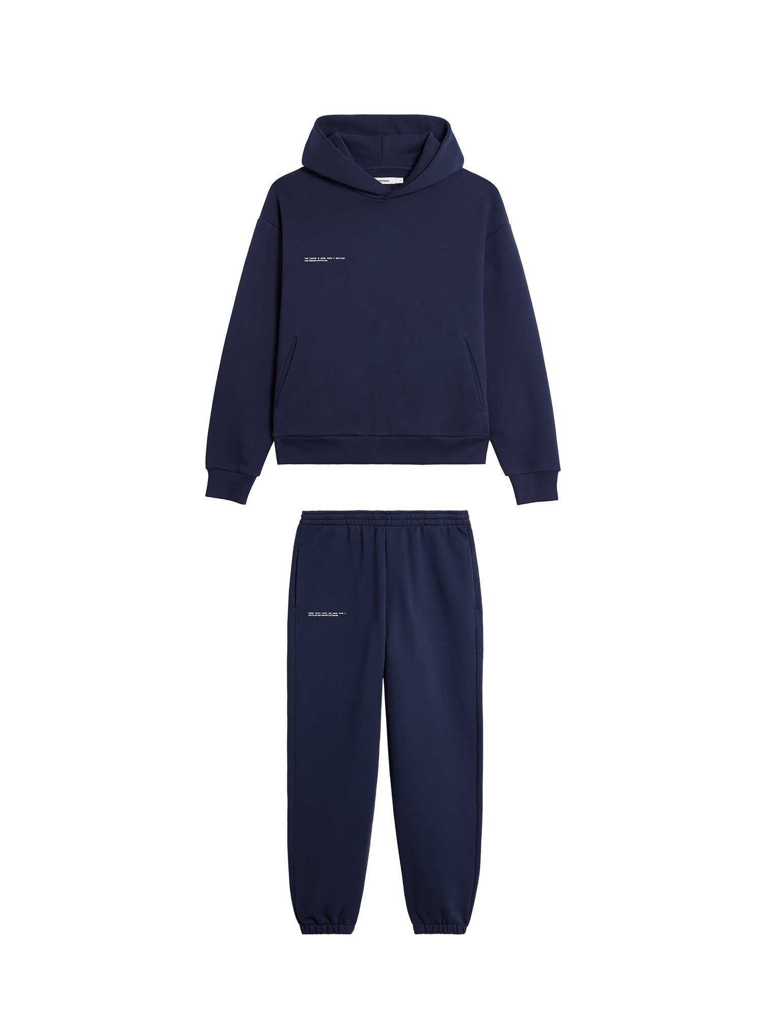 Deep navy blue premium cotton fleece relaxed fit hoodie and matching jogger pants tracksuit packshot