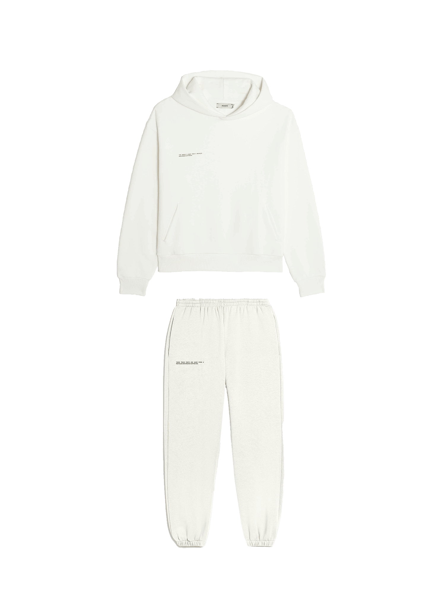 Off-white cotton blend hoodie and matching track pants set packshot. Relaxed fit hooded sweatshirt with kangaroo pocket, elastic cuff joggers