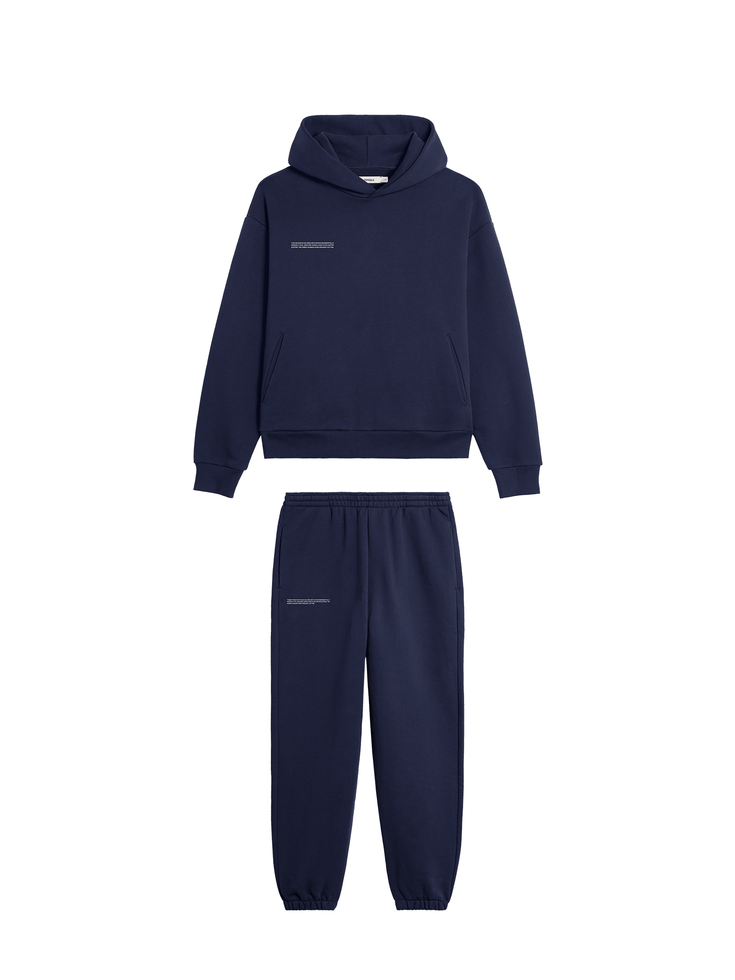 Navy blue oversized cotton fleece hoodie and jogger sweatpants loungewear set packshot