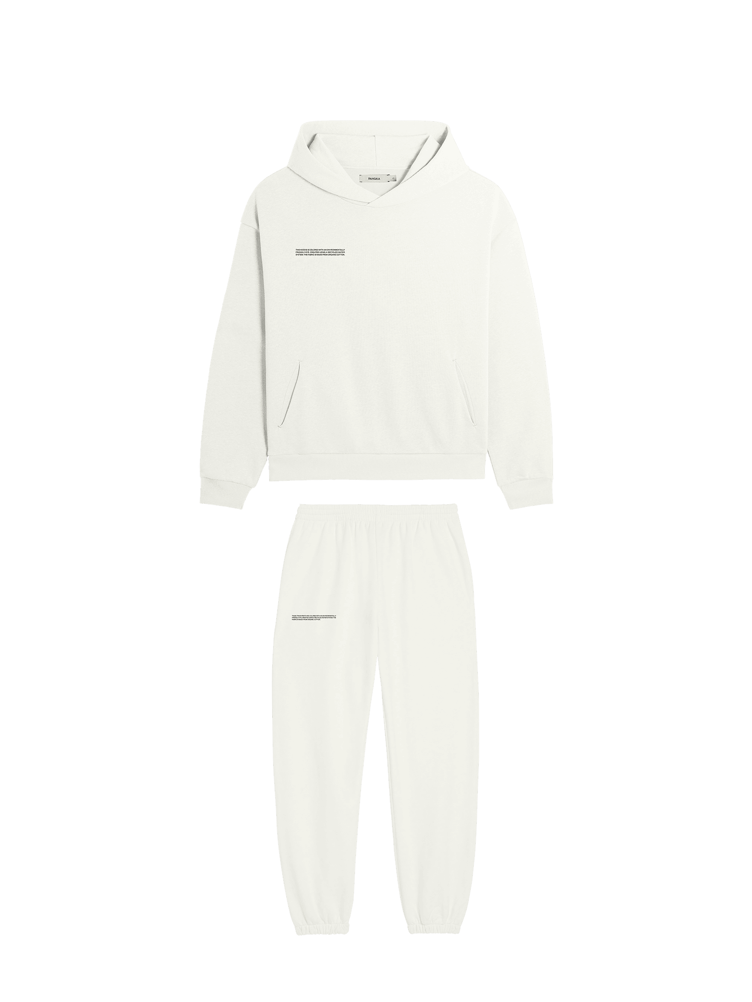 Off-white cotton fleece pullover hoodie, jogger sweatpants tracksuit set. Relaxed fit loungewear packshot