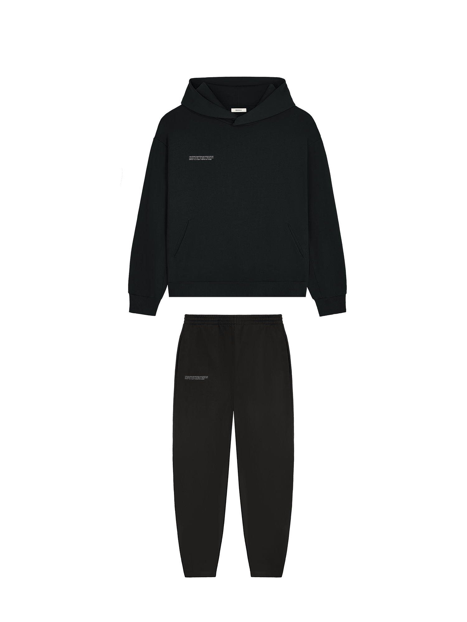 Black heavyweight fleece oversized hoodie with ribbed cuffs and matching relaxed fit sweatpants with ribbed ankles packshot