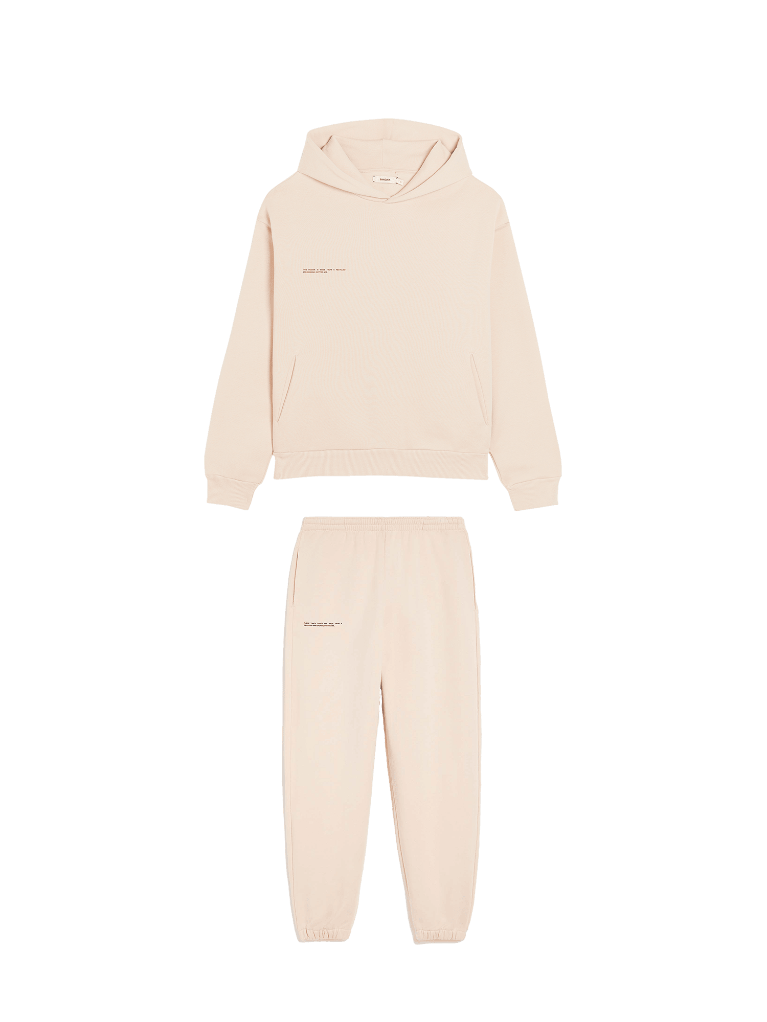 Sand beige cotton fleece relaxed fit hoodie and matching cuffed joggers tracksuit set. Drawstring hood, kangaroo pocket packshot