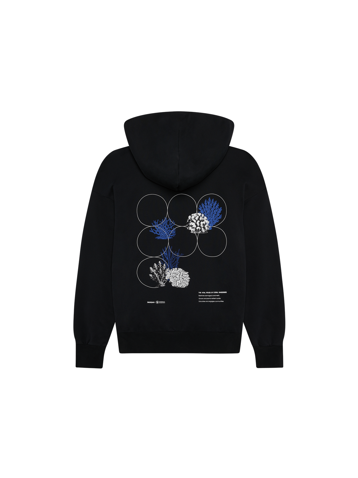 Womens Black Midweight Coral Gardeners Hoodie packshot, back view. Graphic featuring blue and white corals, ribbed hem and cuffs